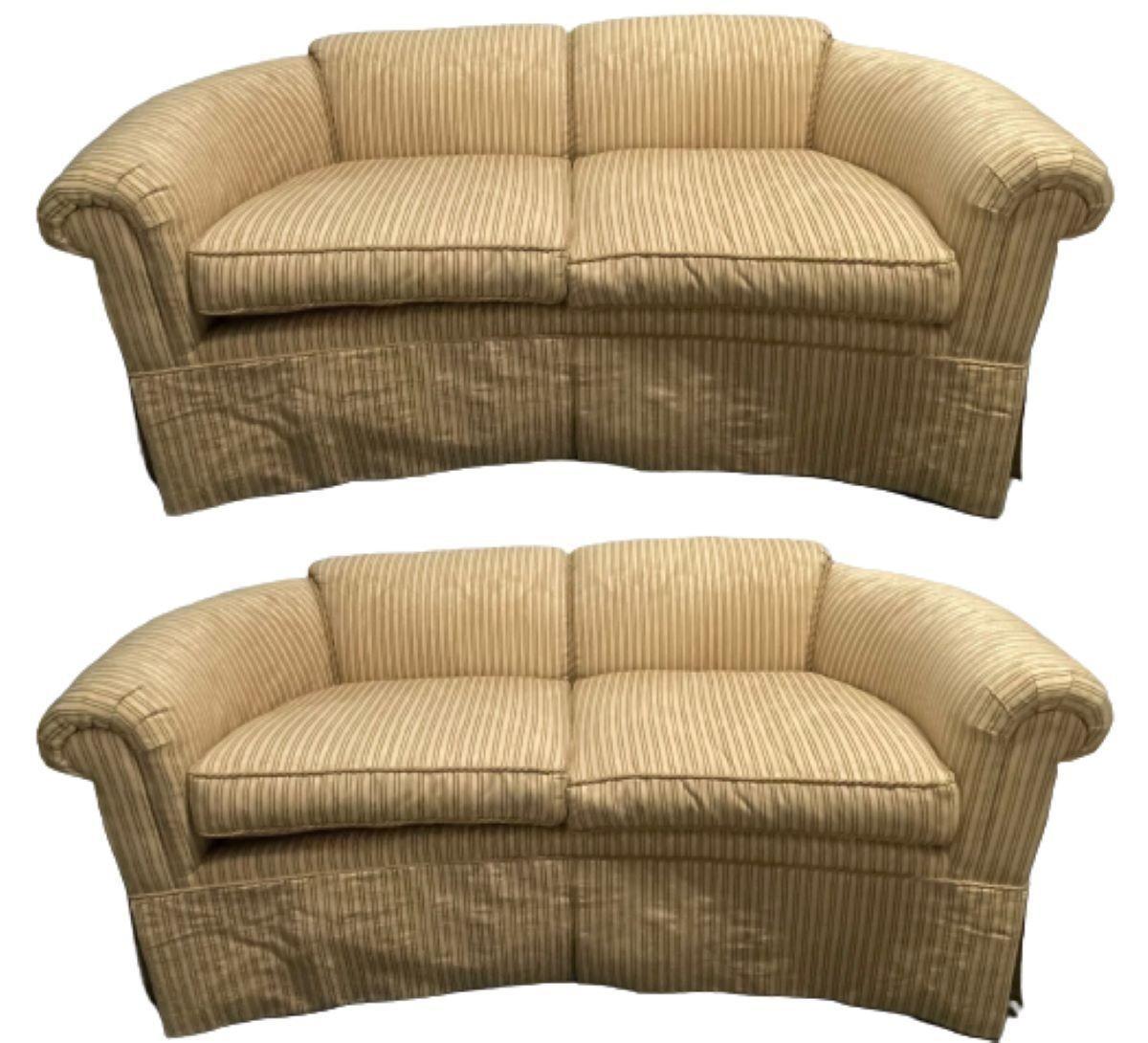 Pair Mason Art Custom Settes, Loveseats or Couches. Each bearing a Custom Made tag expressly for one of NYs leading surgeons. 
 
Each in a lover raised stripped cord having an all over floral and vase decorated upholster. The pair of straight legs