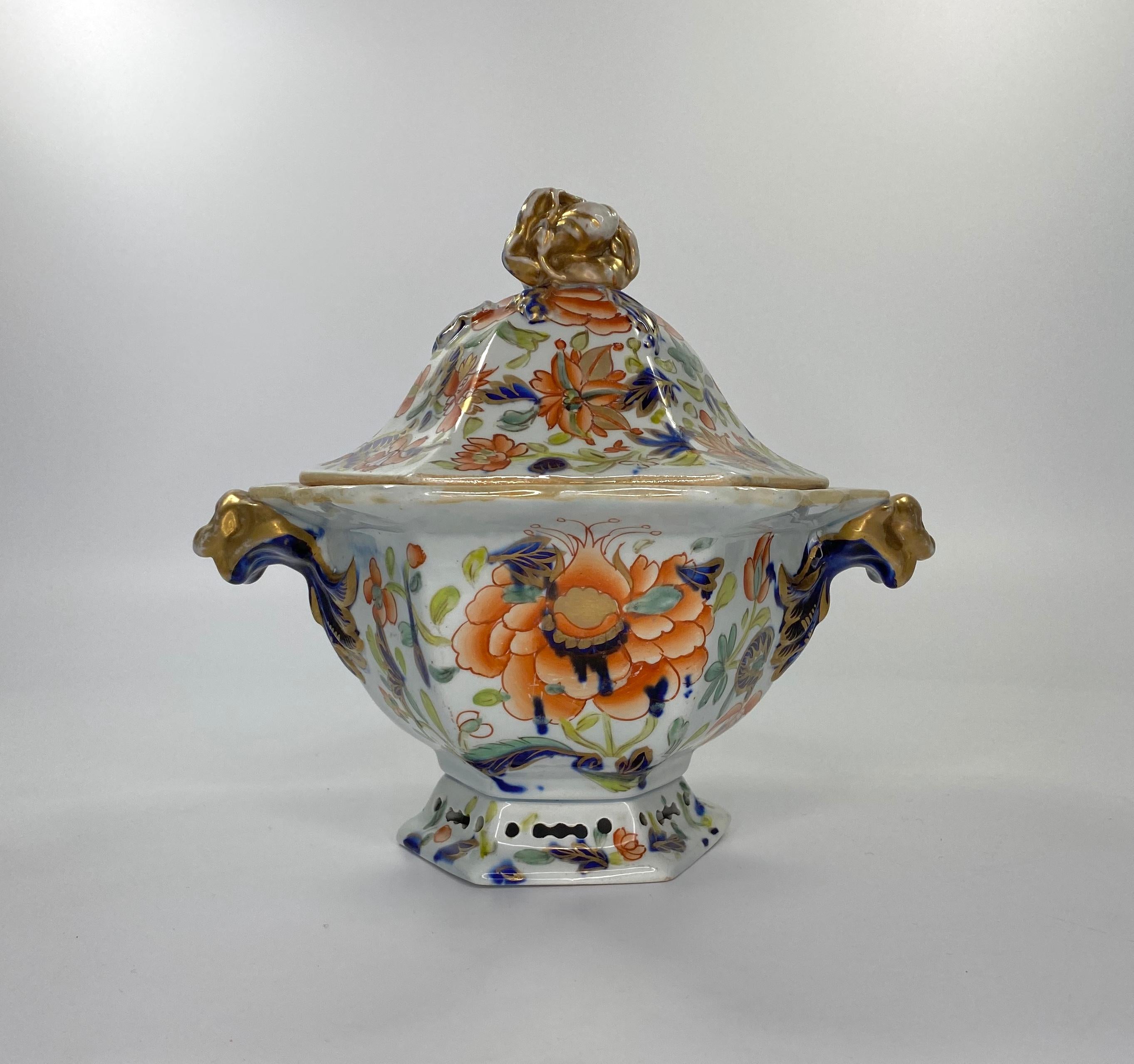 Fired Pair of Masons Ironstone Tureens, Covers and Stands, circa 1815