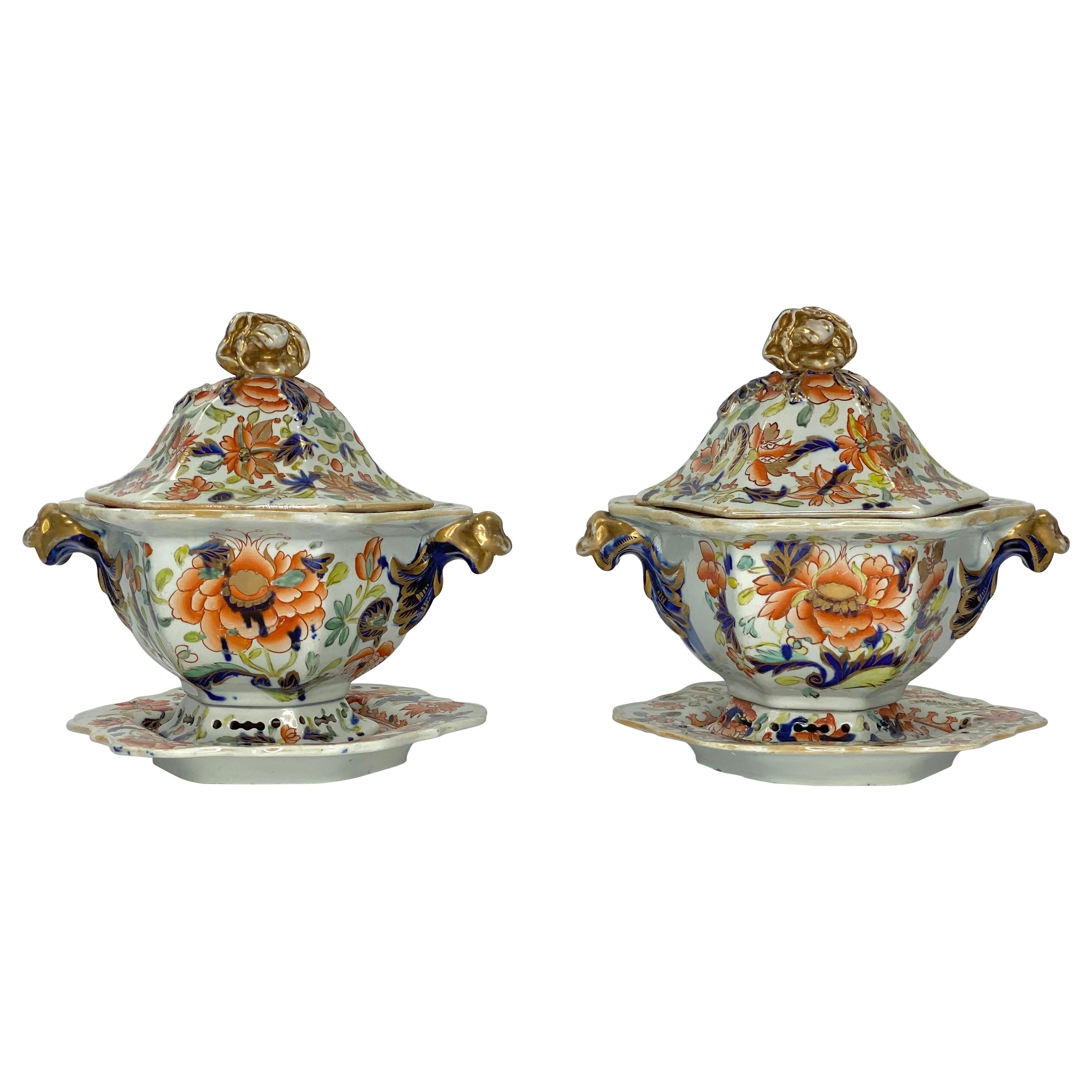 Pair of Masons Ironstone Tureens, Covers and Stands, circa 1815