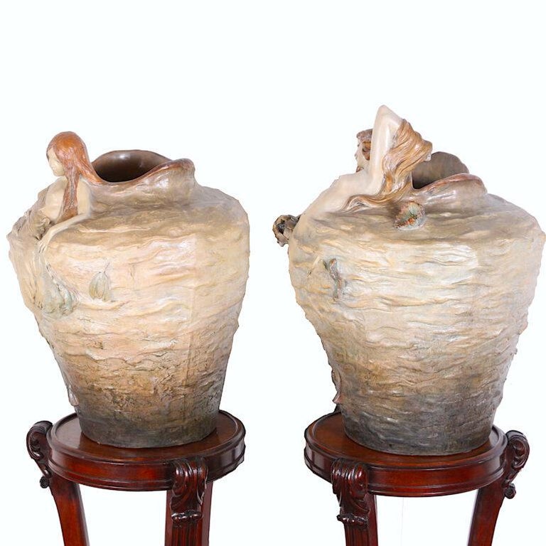 Pair Massive Art Nouveau Frederique Goldscheider Vases with Sirens or