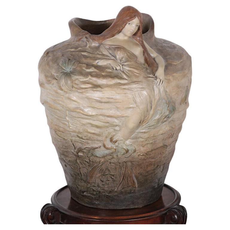 Pair Massive Art Nouveau Frederique Goldscheider Vases with Sirens or Mermaids
