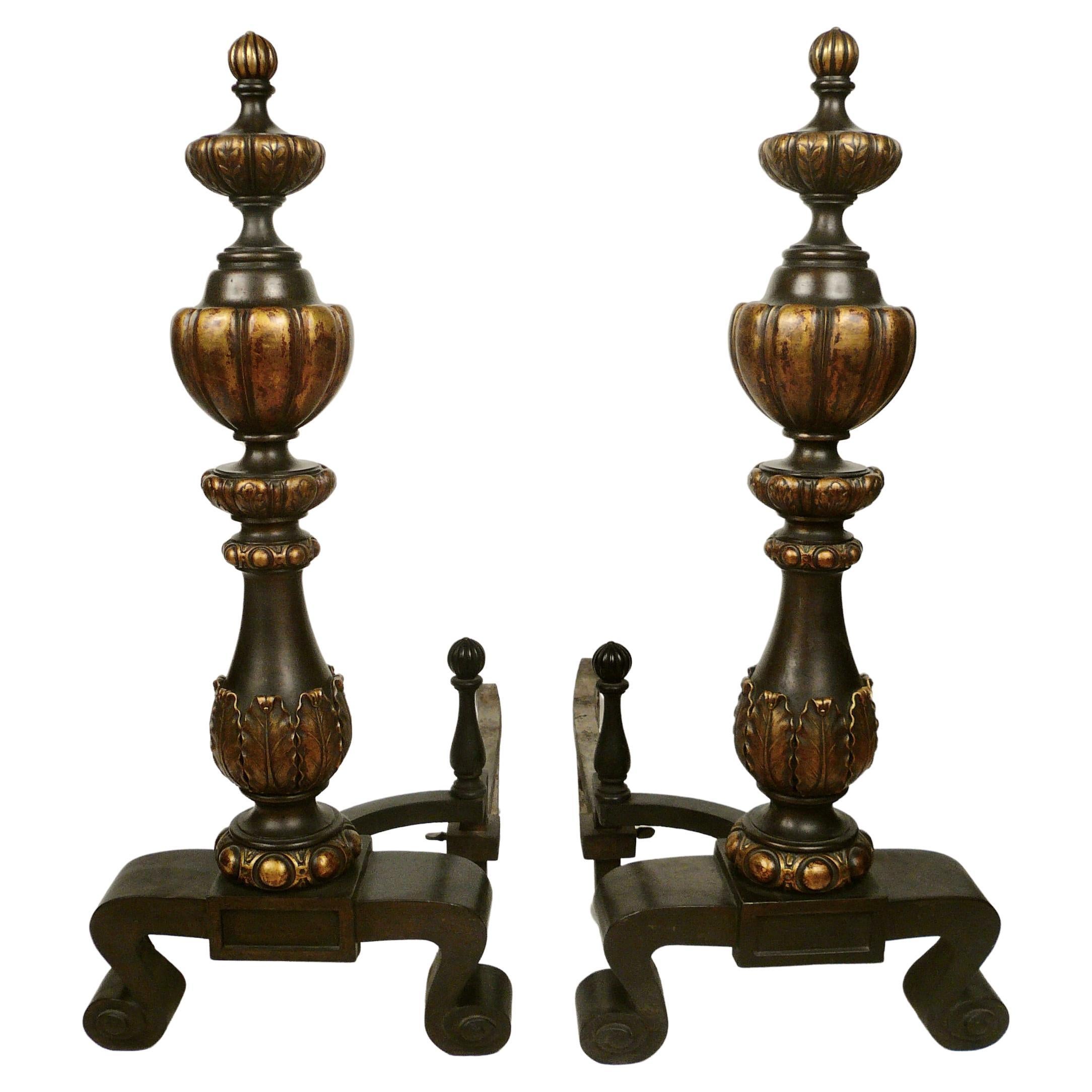 Pair Massive Bronze and Wrought Iron Andirons, Attributed to E. F. Caldwell For Sale