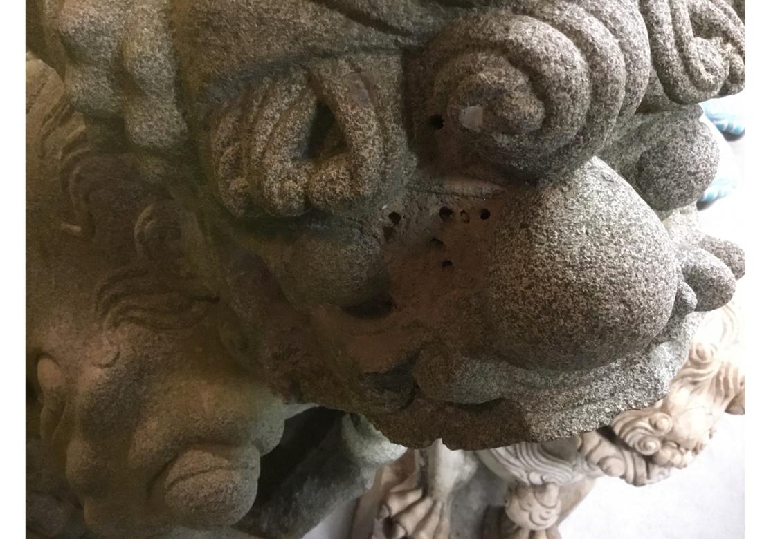 Pair Massive Carved Granite Foo Lion Entrance Guardian Figures  For Sale 13