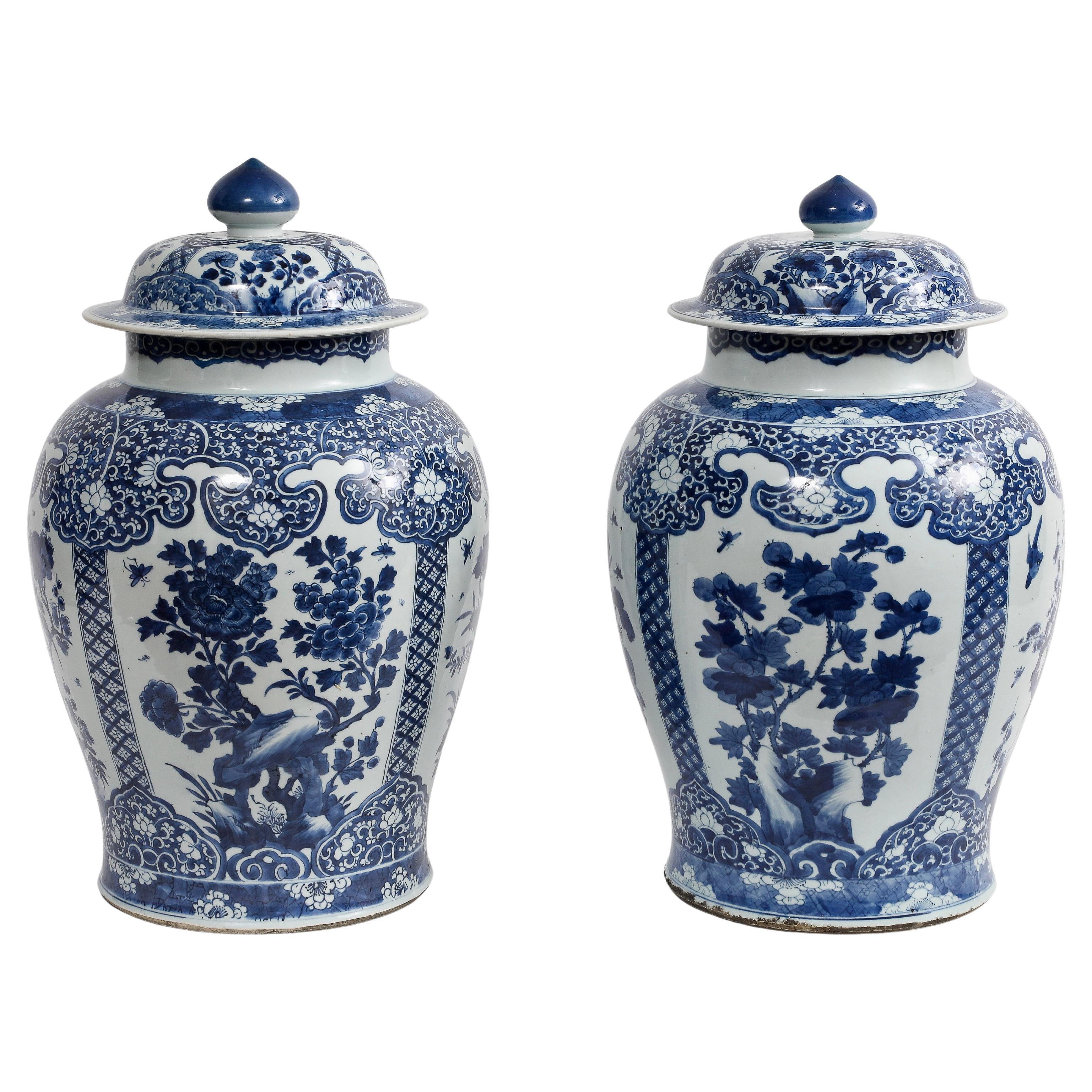 Pareja de enormes jarras chinas de jengibre azules y blancas del periodo Kangxi con cartuchos florales