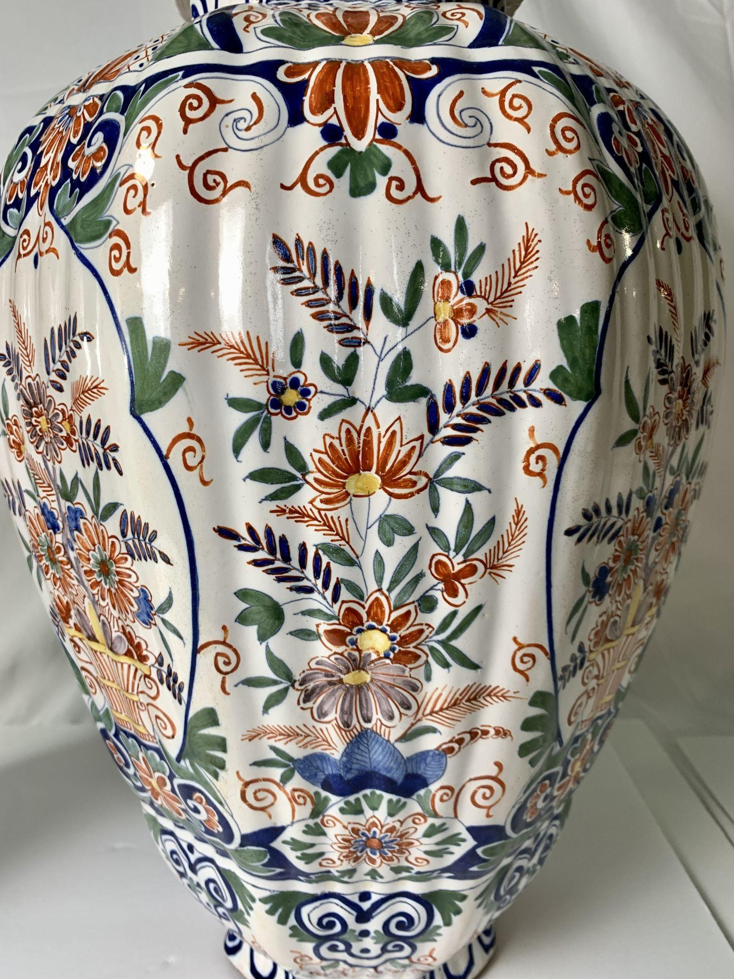 Hand-Painted Pair Massive Delft Jars Hand Painted in Polychrome Decoration Netherlands C-1880