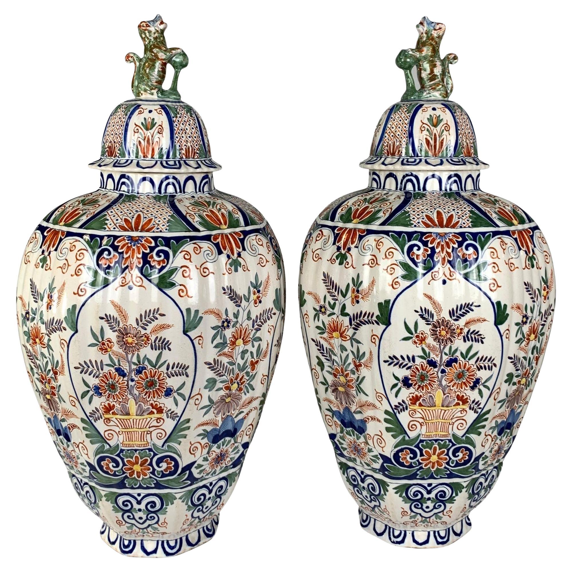 Pair Massive Delft Jars Hand Painted in Polychrome Decoration Netherlands C-1880