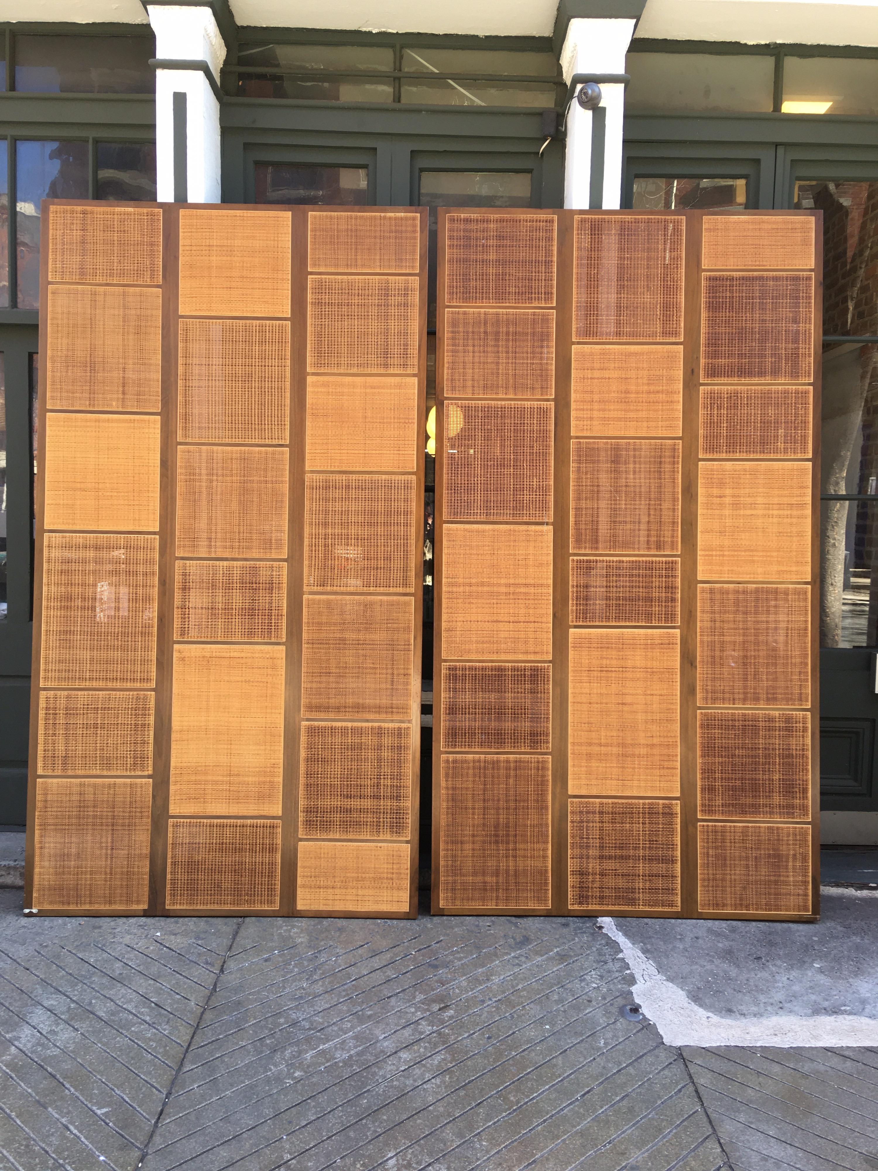 Cane Pair of Massive Walnut Privacy Panels in the Style of Edward Wormley