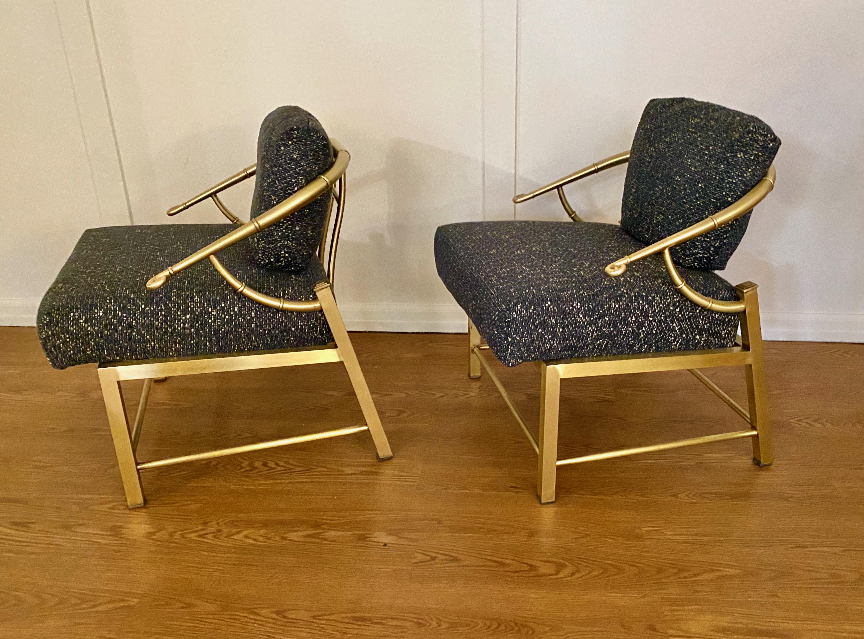 Pair Mastercraft Brass Asian Lounge Chairs For Sale 1