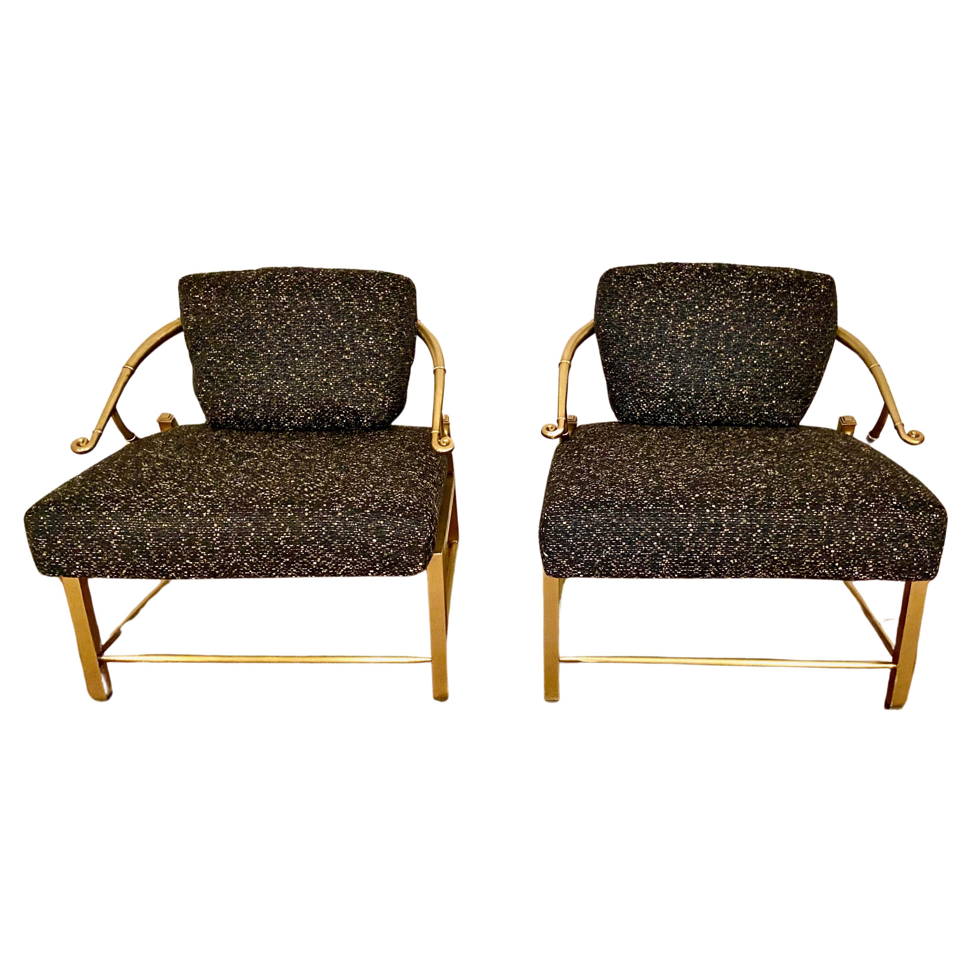 Chinoiserie Pair Mastercraft Brass Asian Lounge Chairs For Sale