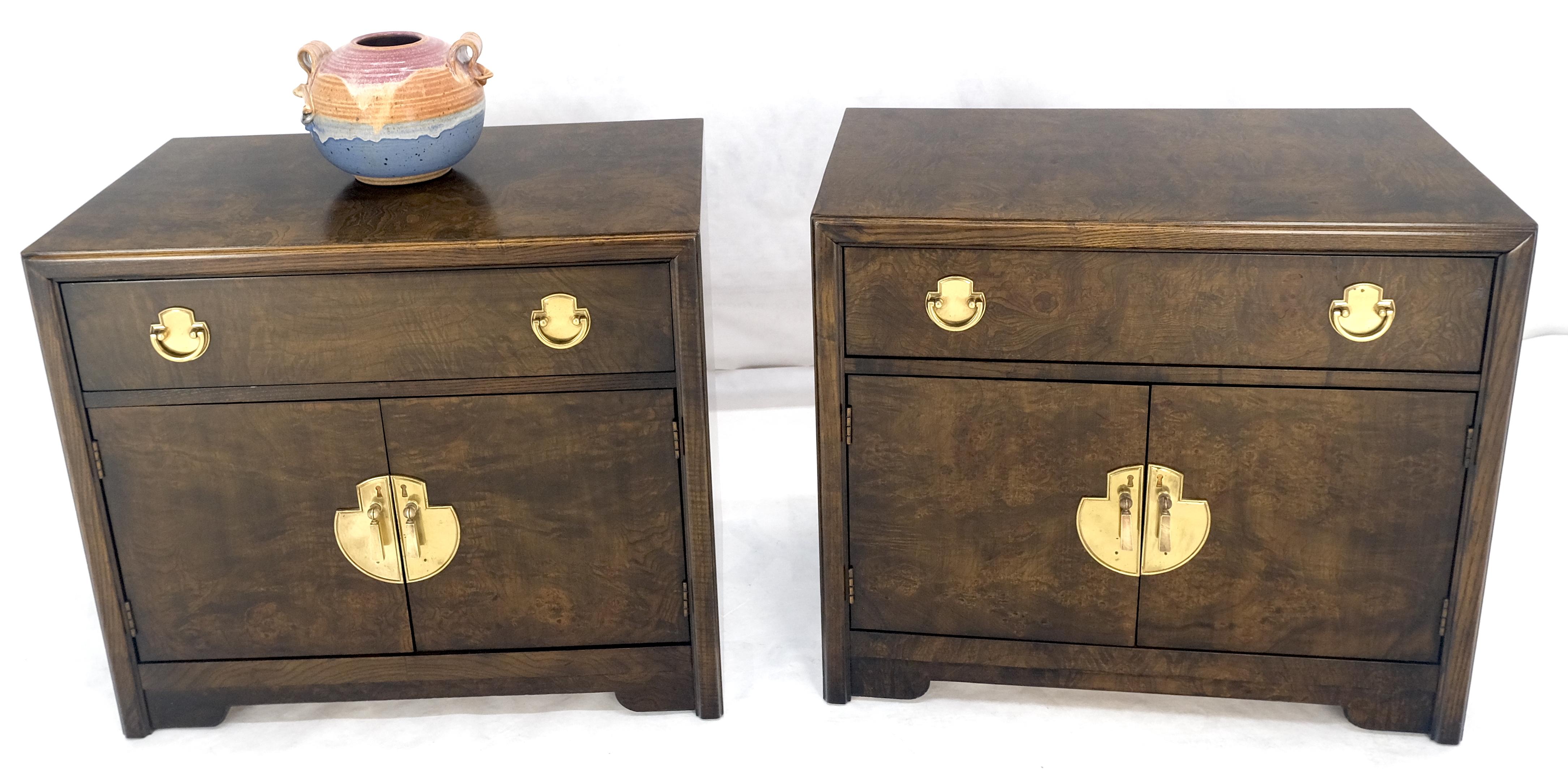 Pair Mastercraft Burl Wood Heavy Brass Hardware One Drawer Night Stands Tables For Sale 4