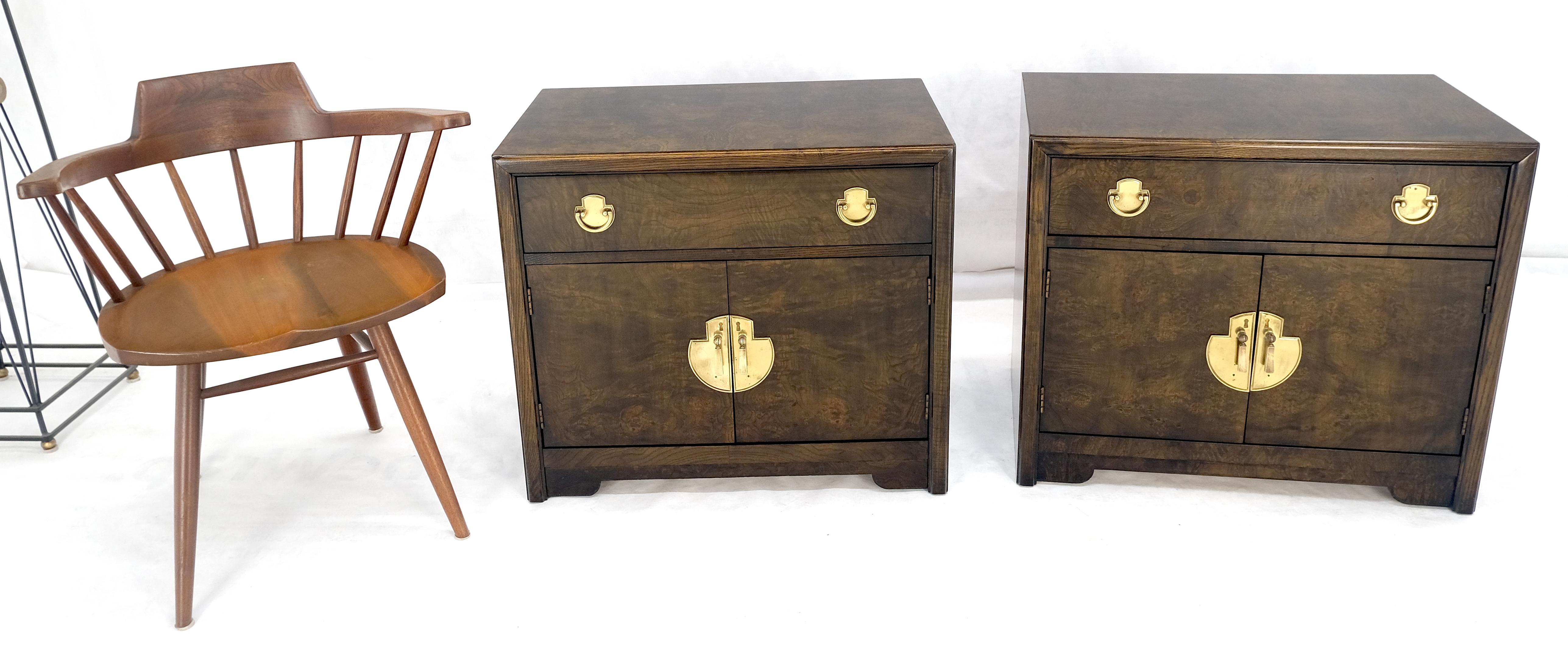 Pair Mastercraft Burl Wood Heavy Brass Hardware One Drawer Night Stands Tables For Sale 5