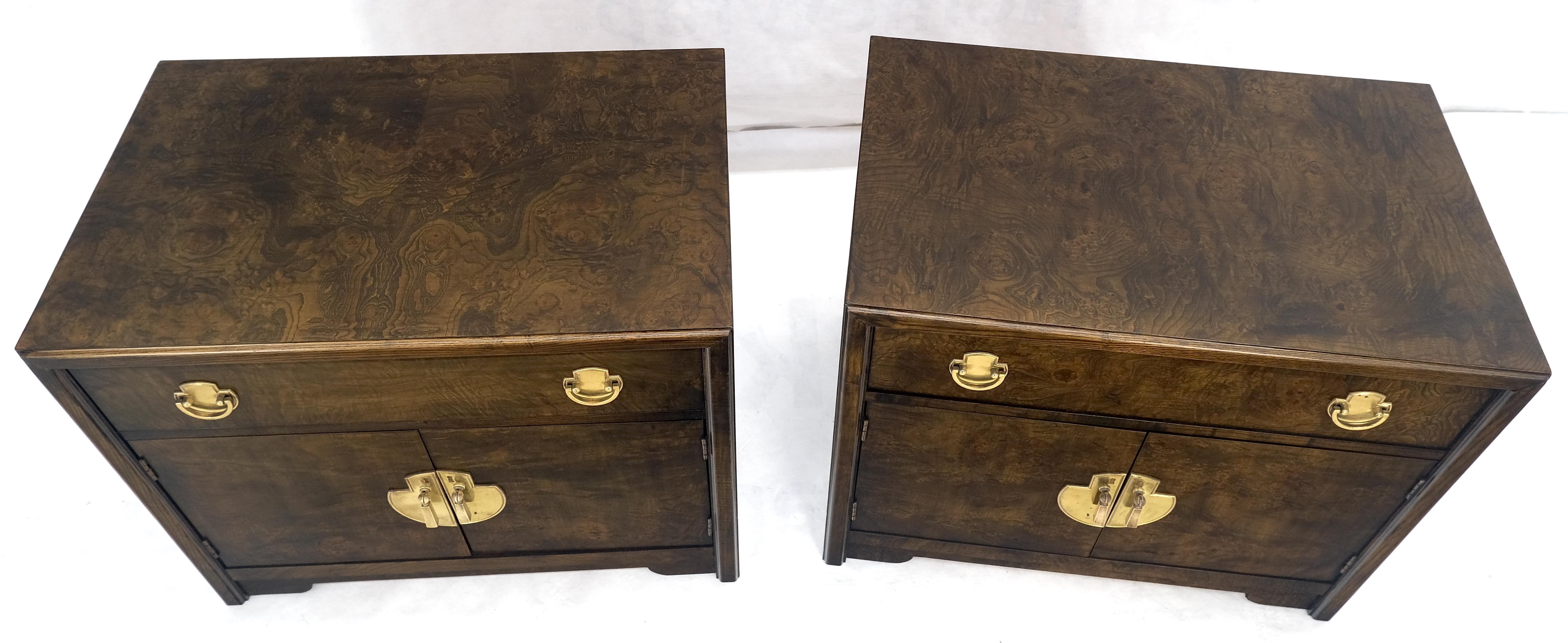 Pair Mastercraft Burl Wood Heavy Brass Hardware One Drawer Night Stands Tables For Sale 7