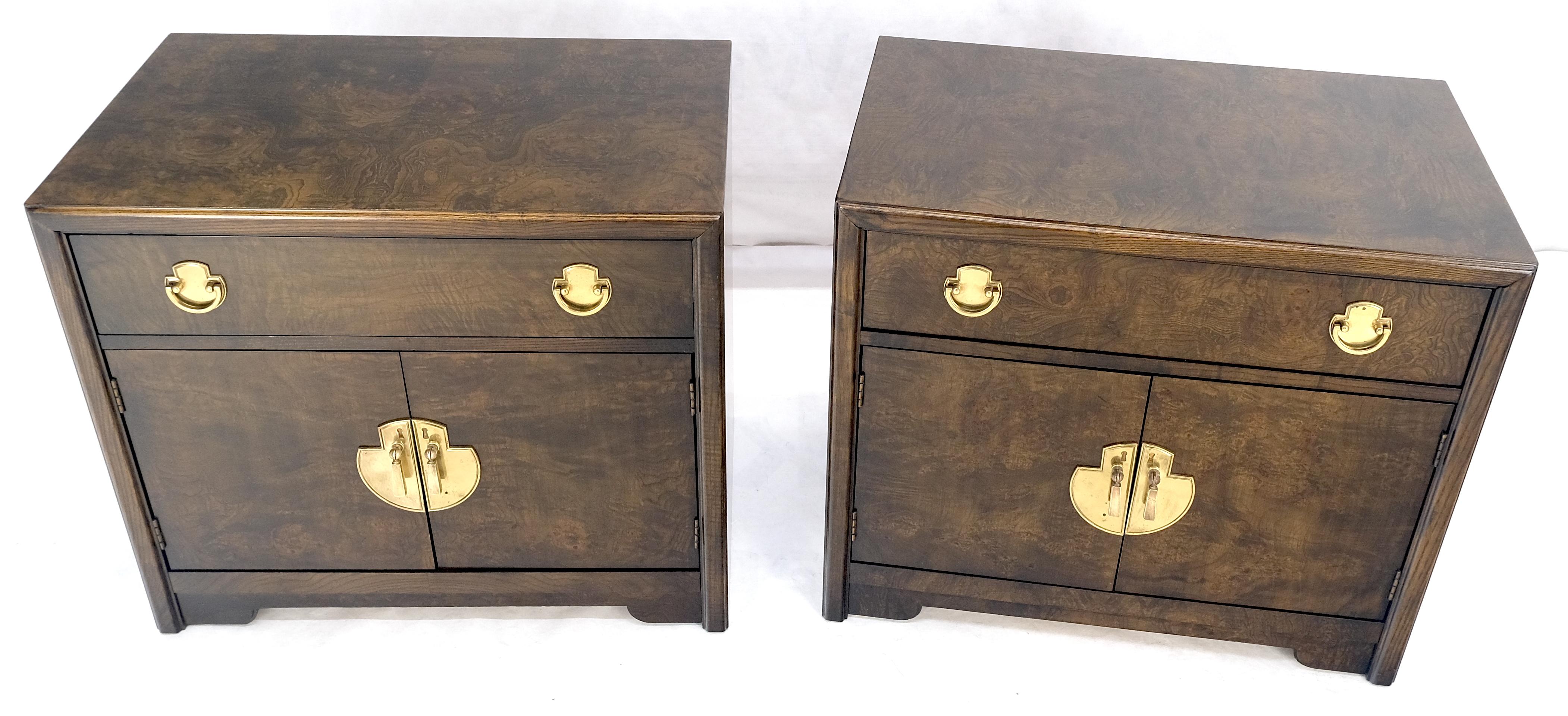 Pair Mastercraft Burl Wood Heavy Brass Hardware One Drawer Night Stands End Tables MINT!