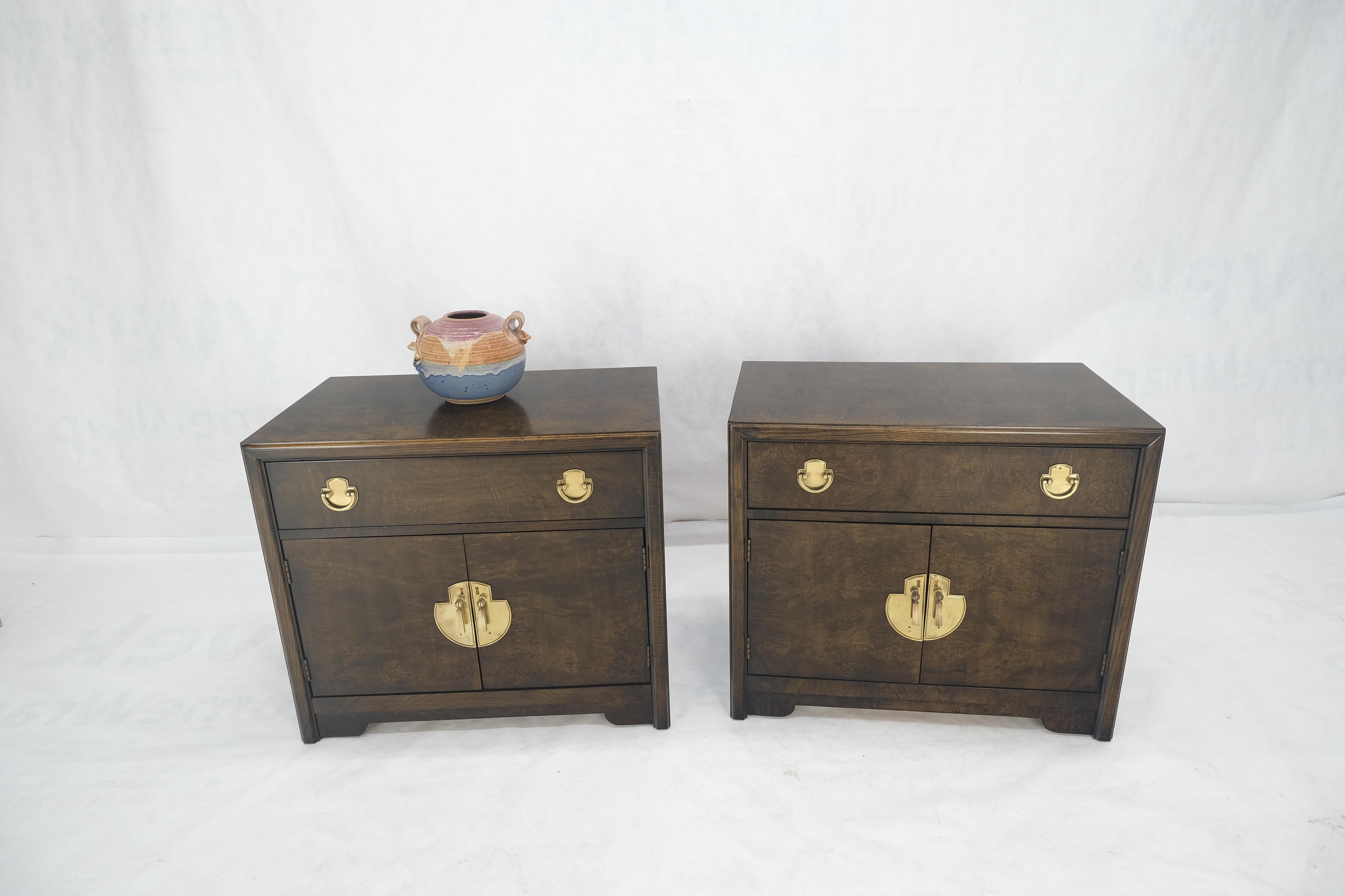 Pair Mastercraft Burl Wood Heavy Brass Hardware One Drawer Night Stands Tables For Sale 3
