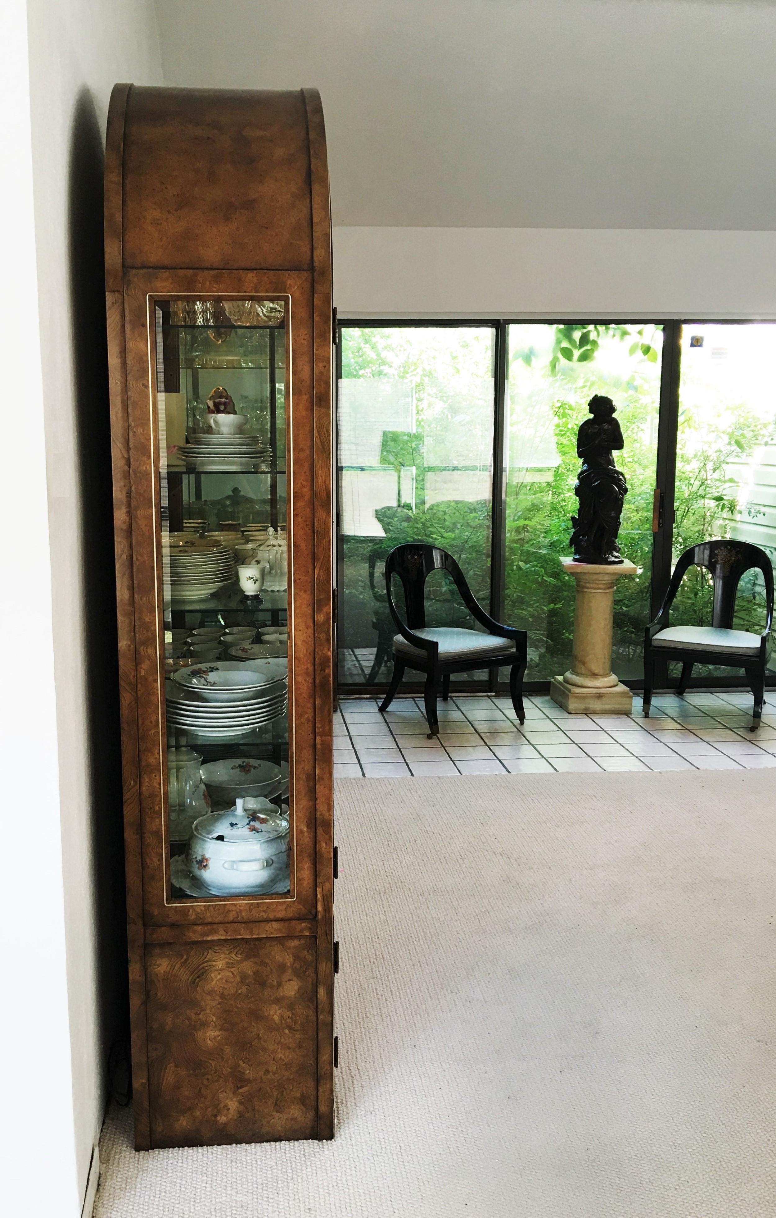 Pair Mastercraft Burled Wood and Brass Vitrine Cabinets by William Doezema 2