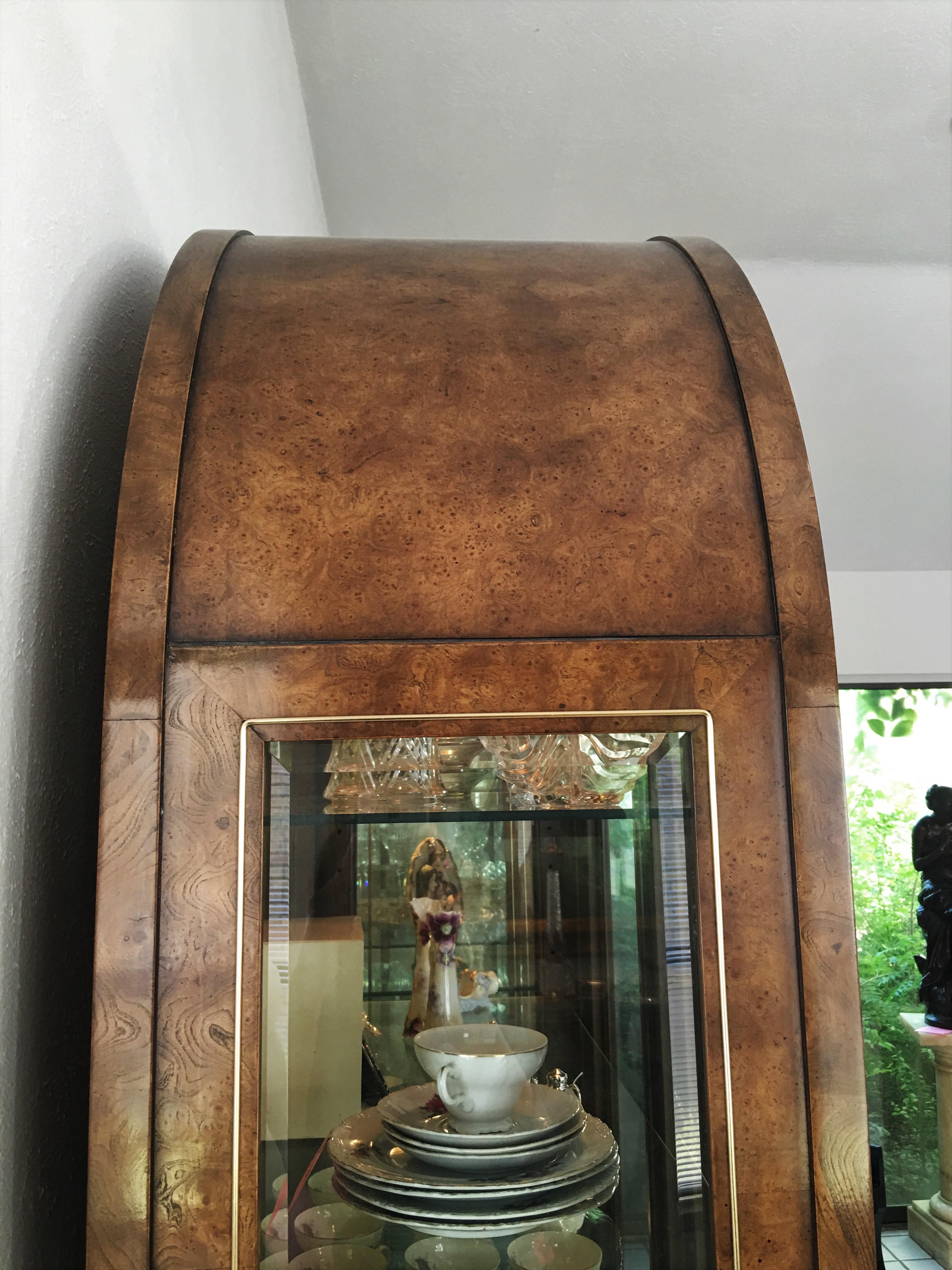 Pair Mastercraft Burled Wood and Brass Vitrine Cabinets by William Doezema 3