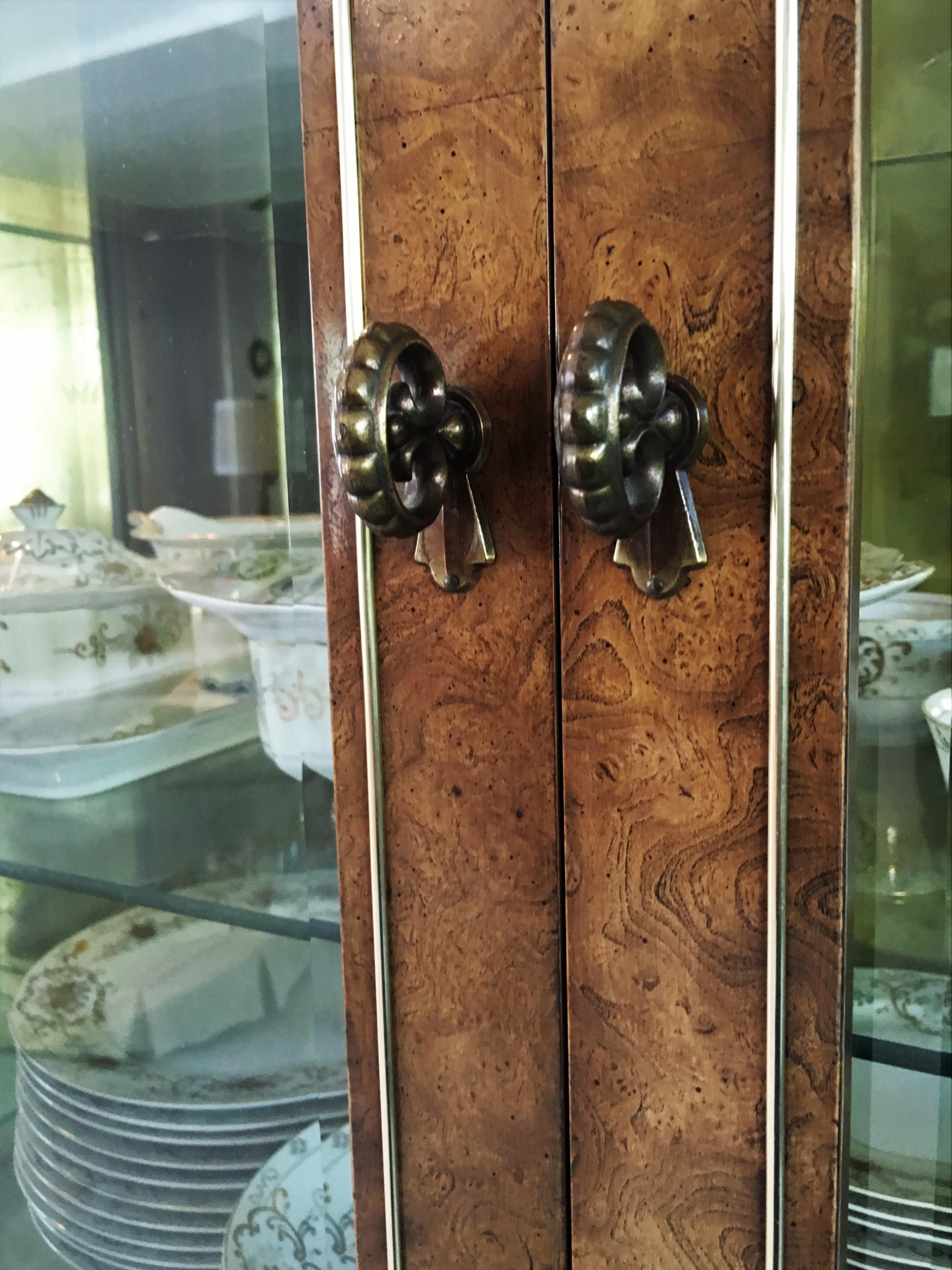 Pair Mastercraft Burled Wood and Brass Vitrine Cabinets by William Doezema 1