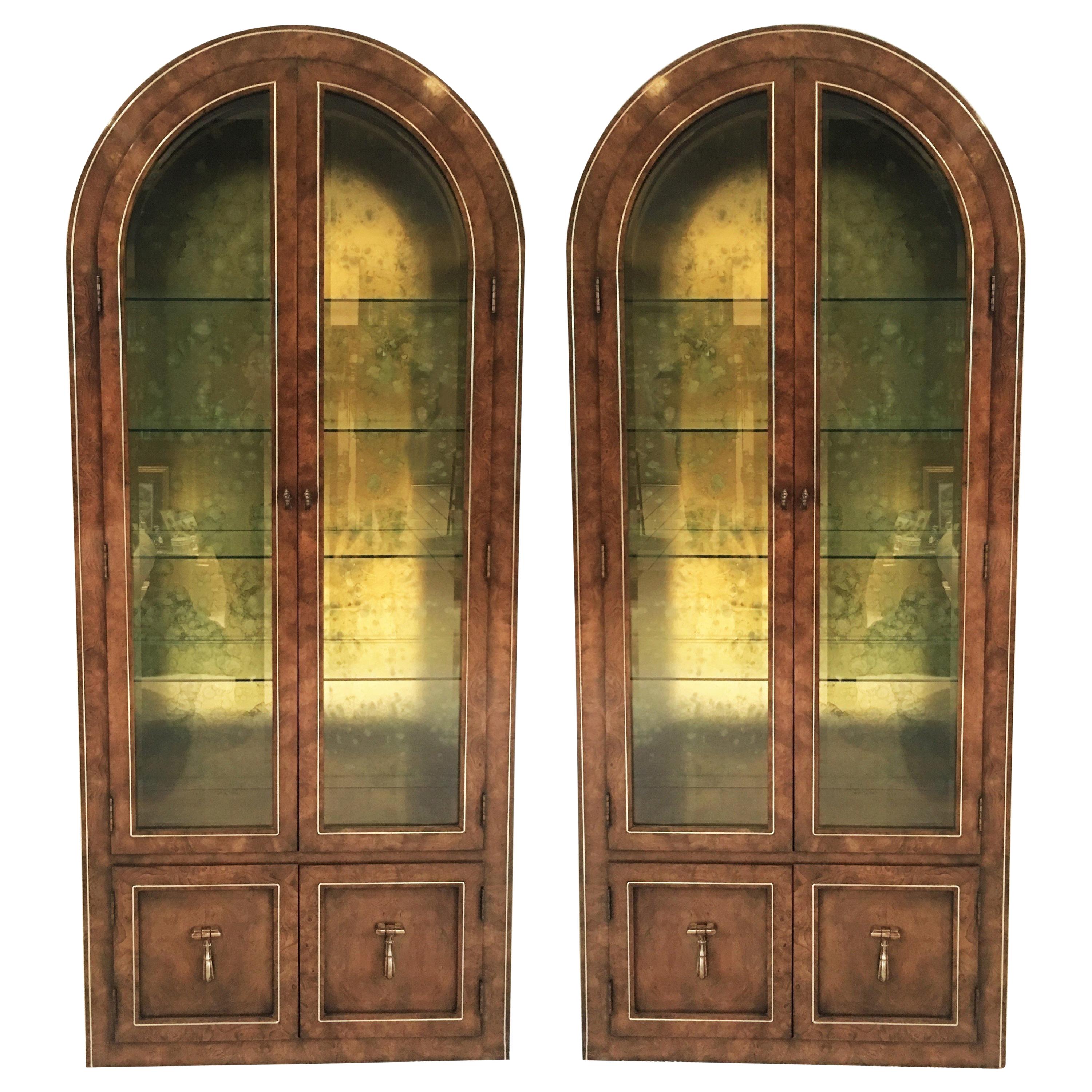 Pair Mastercraft Burled Wood and Brass Vitrine Cabinets by William Doezema
