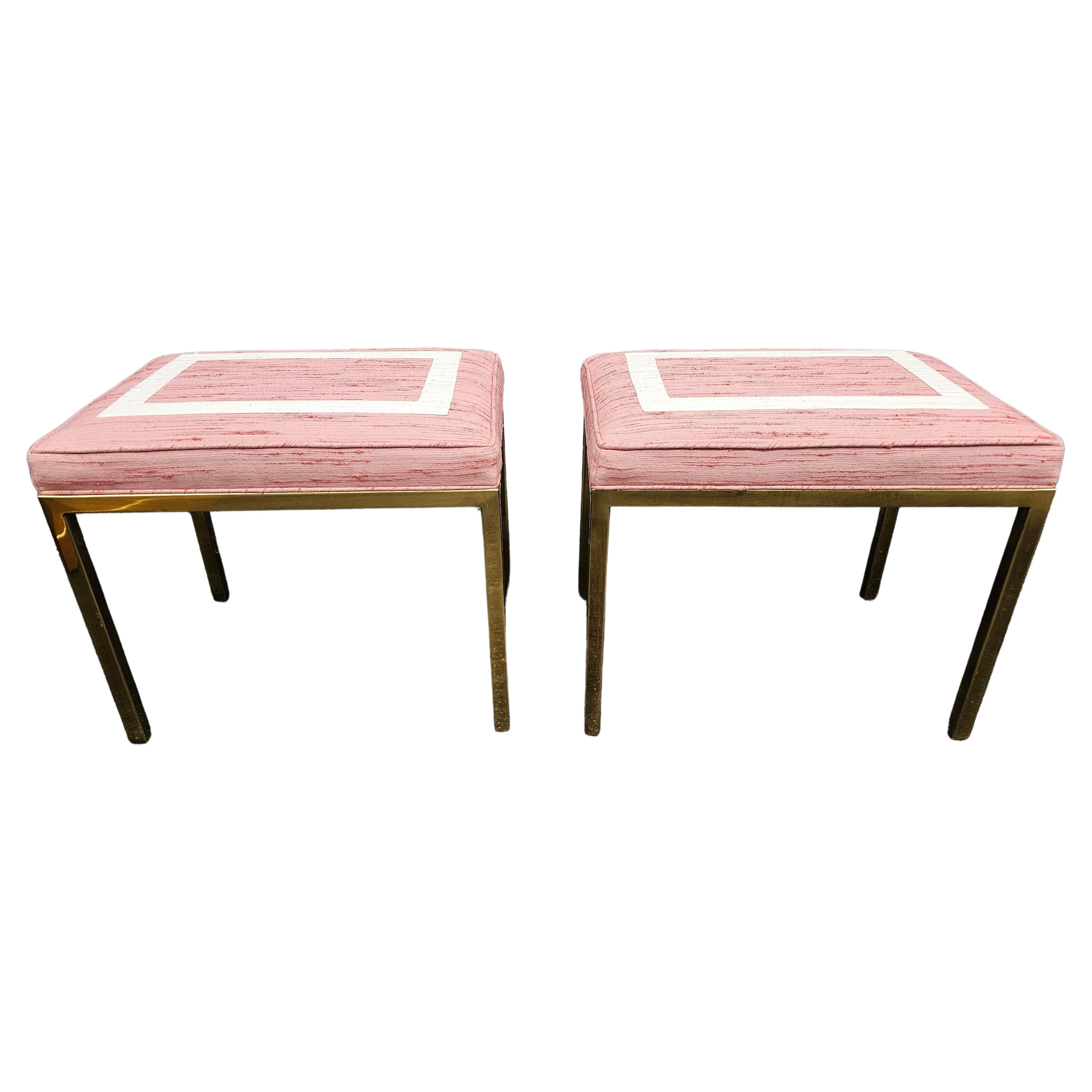 Modern Pair Mastercraft Contemporary Brass And Upholstered Benches Footstools For Sale