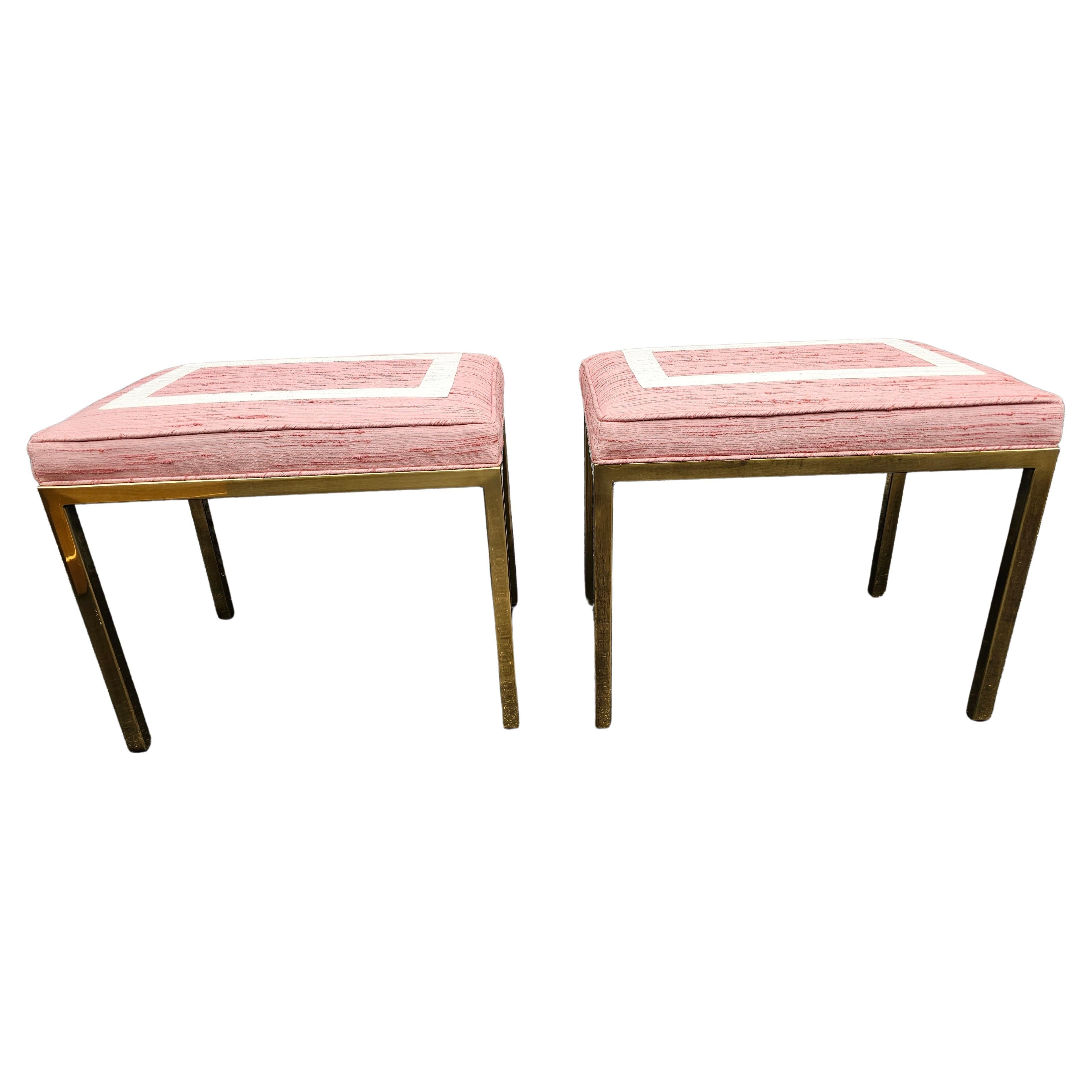 Pair of Contemporary Brass And Upholstered benches / Stools / Footstools attributed to Mastercraft of Grand Rapids, Michigan. Recently reuphostered. Clean and very solid.   Polished brass
Measures 22