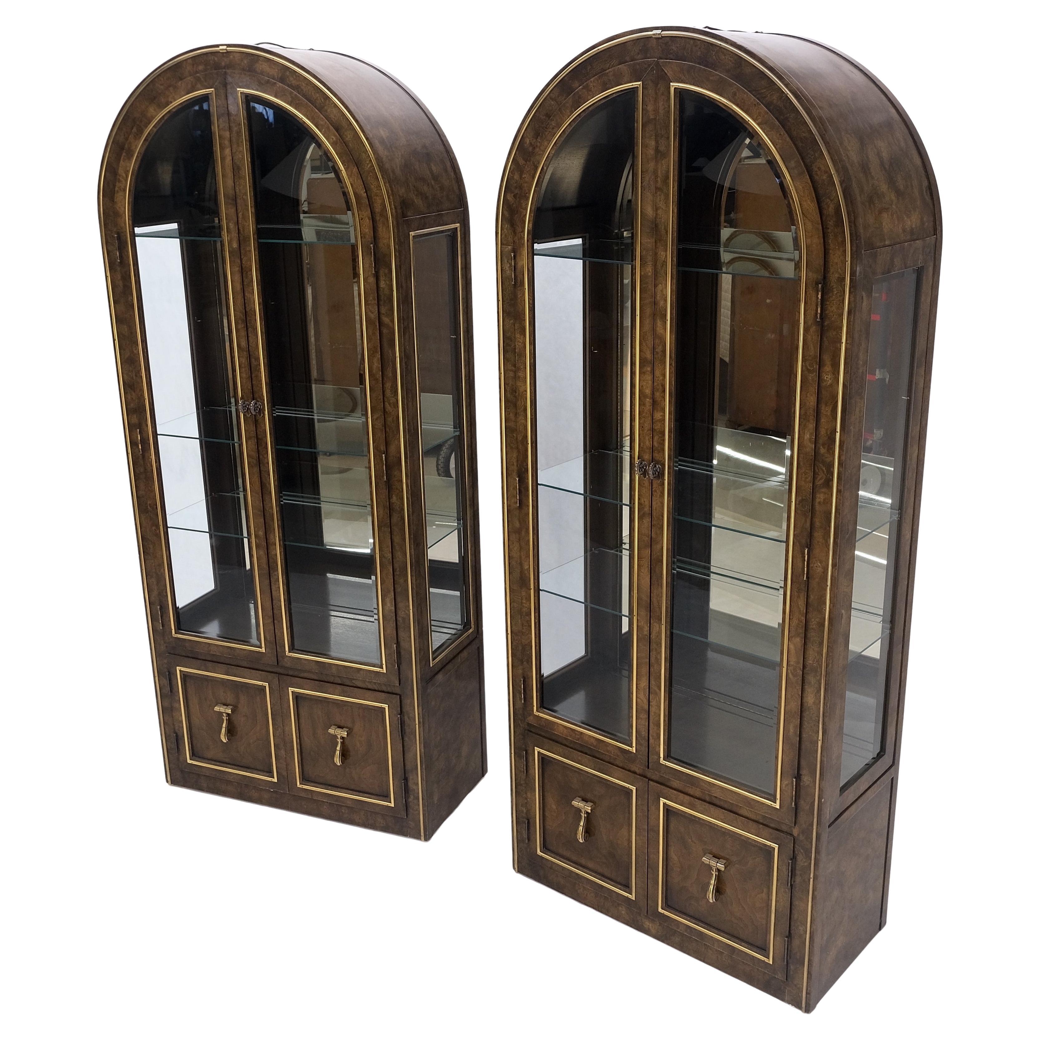 Pair Mastercraft Dome Shape Burl Wood Curio Display Cabinets w Shelves Lights For Sale