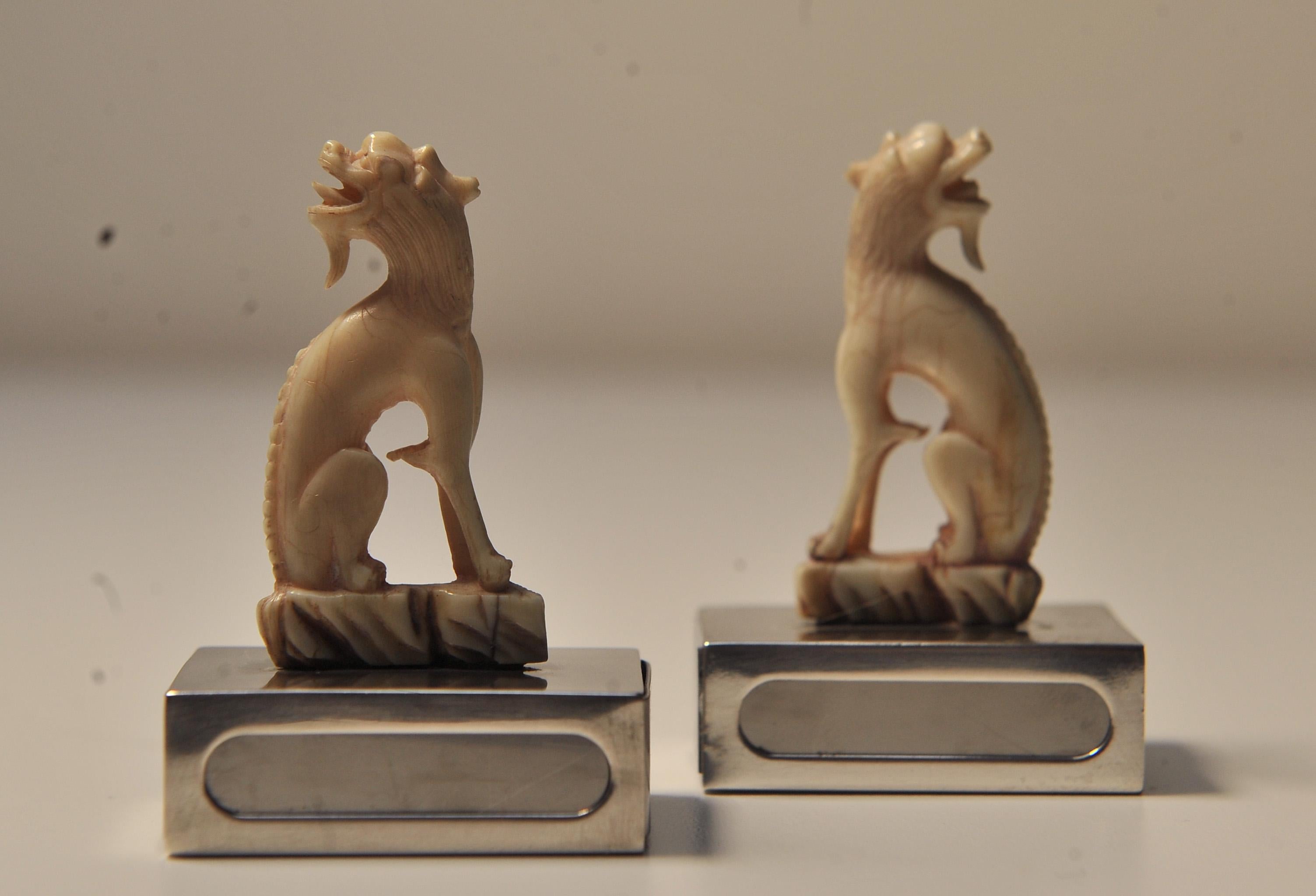 Pair Matching Ivory Chinese Dogs of Foo Matchstick Holders Silver Bases For Sale 4