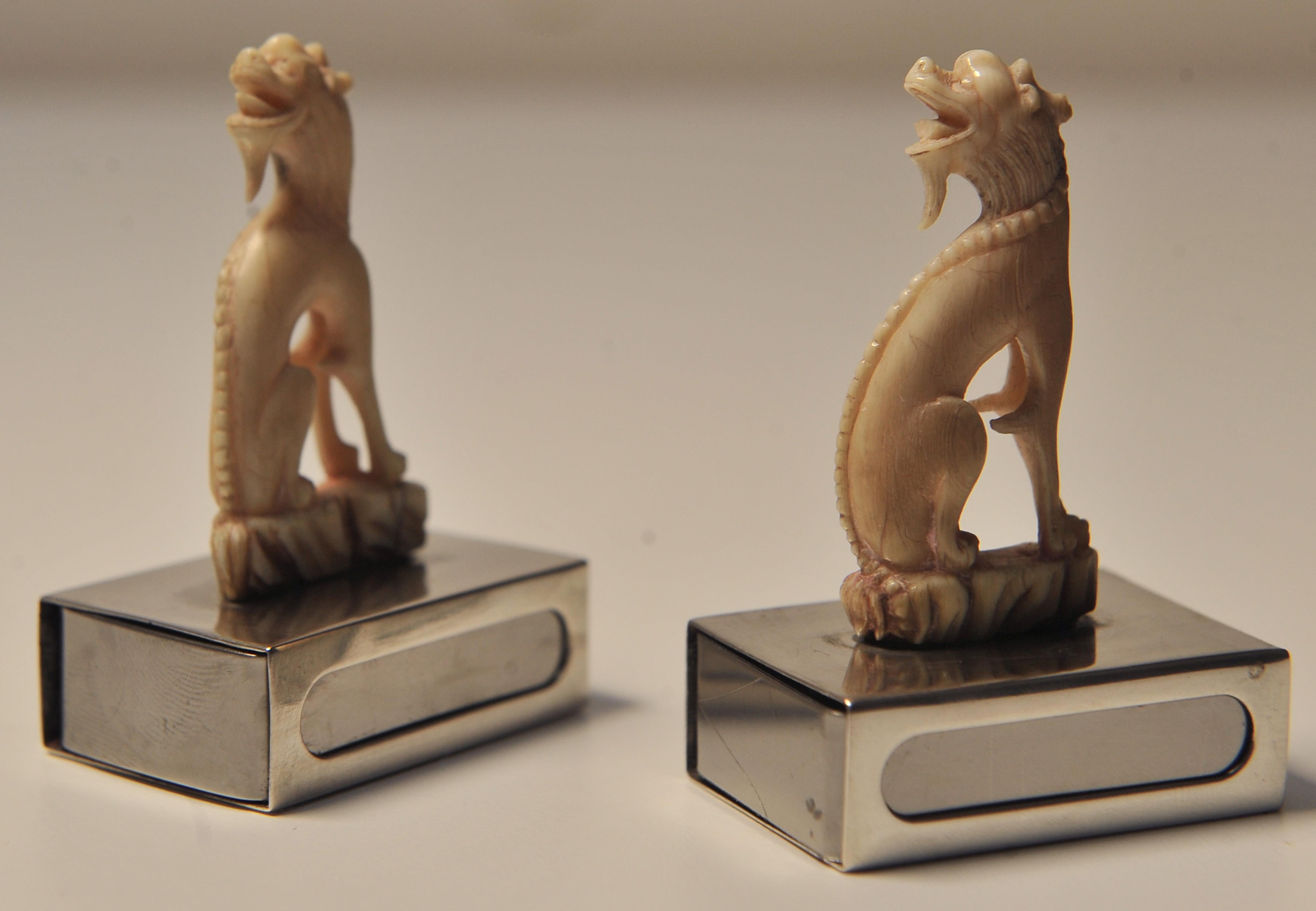 Pair Matching Ivory Chinese Dogs of Foo Matchstick Holders Silver Bases For Sale 5