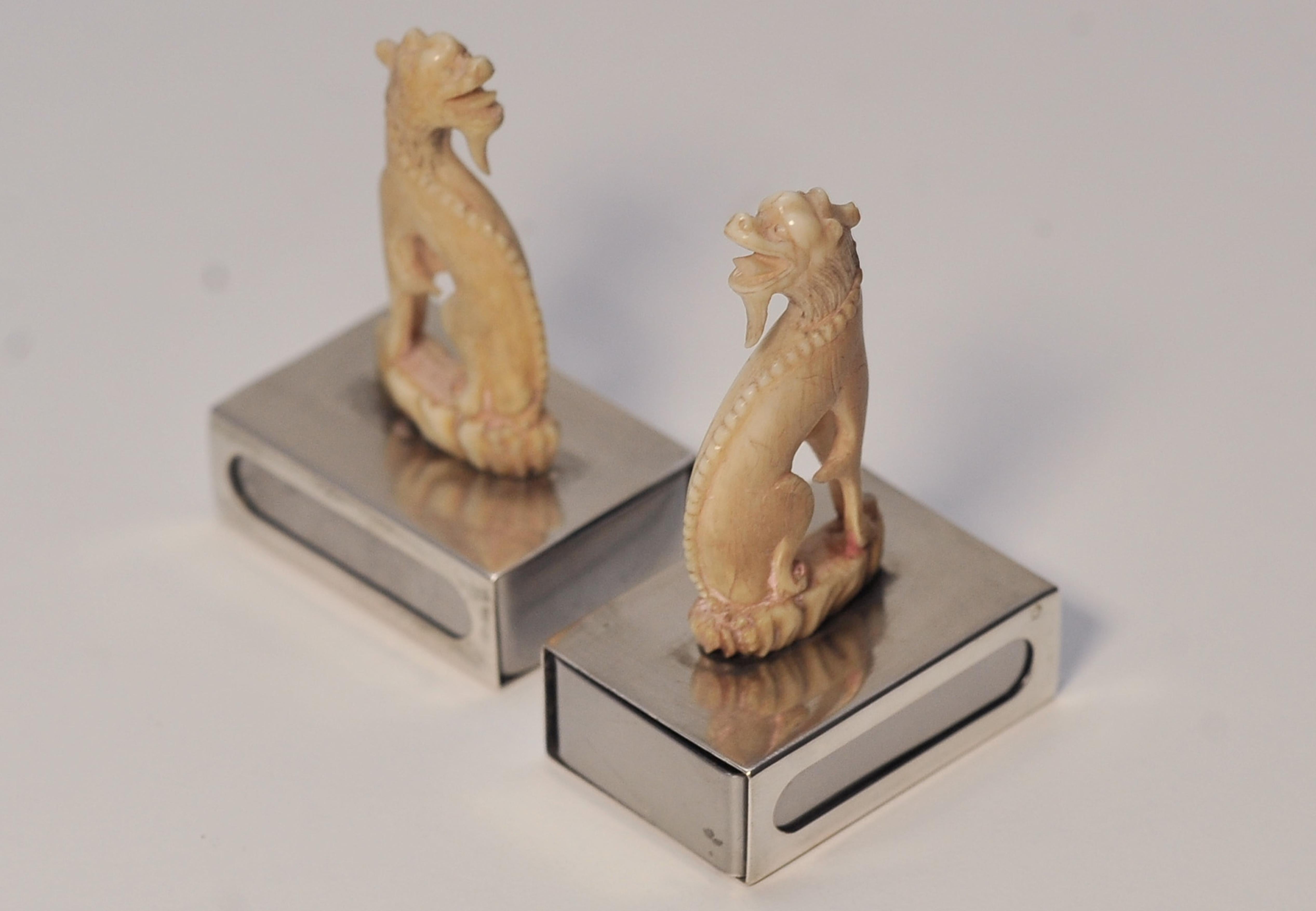 Pair Matching Ivory Chinese Dogs of Foo Matchstick Holders Silver Bases For Sale 6