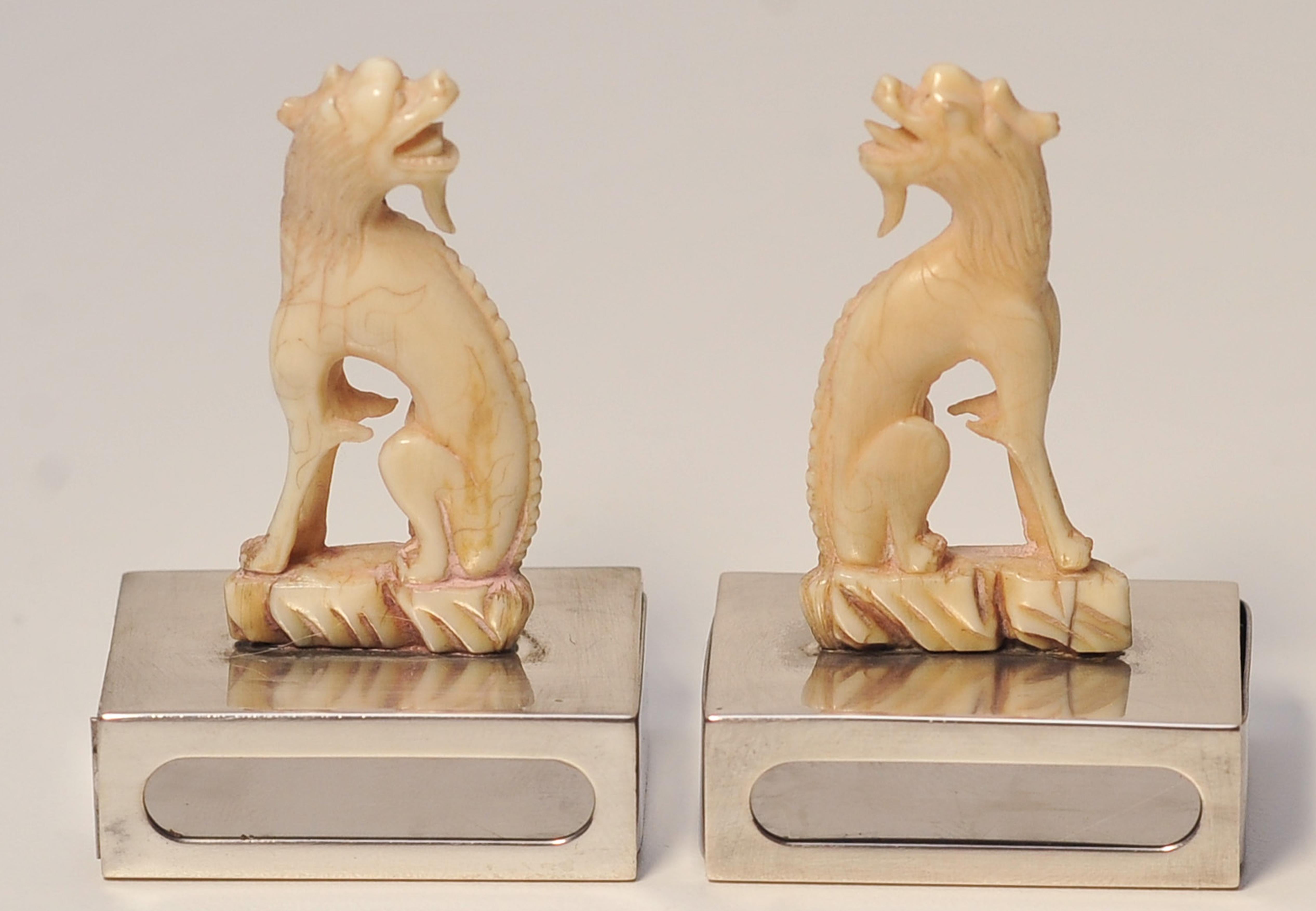 Pair Matching Ivory Chinese Dogs of Foo Matchstick Holders Silver Bases For Sale 10