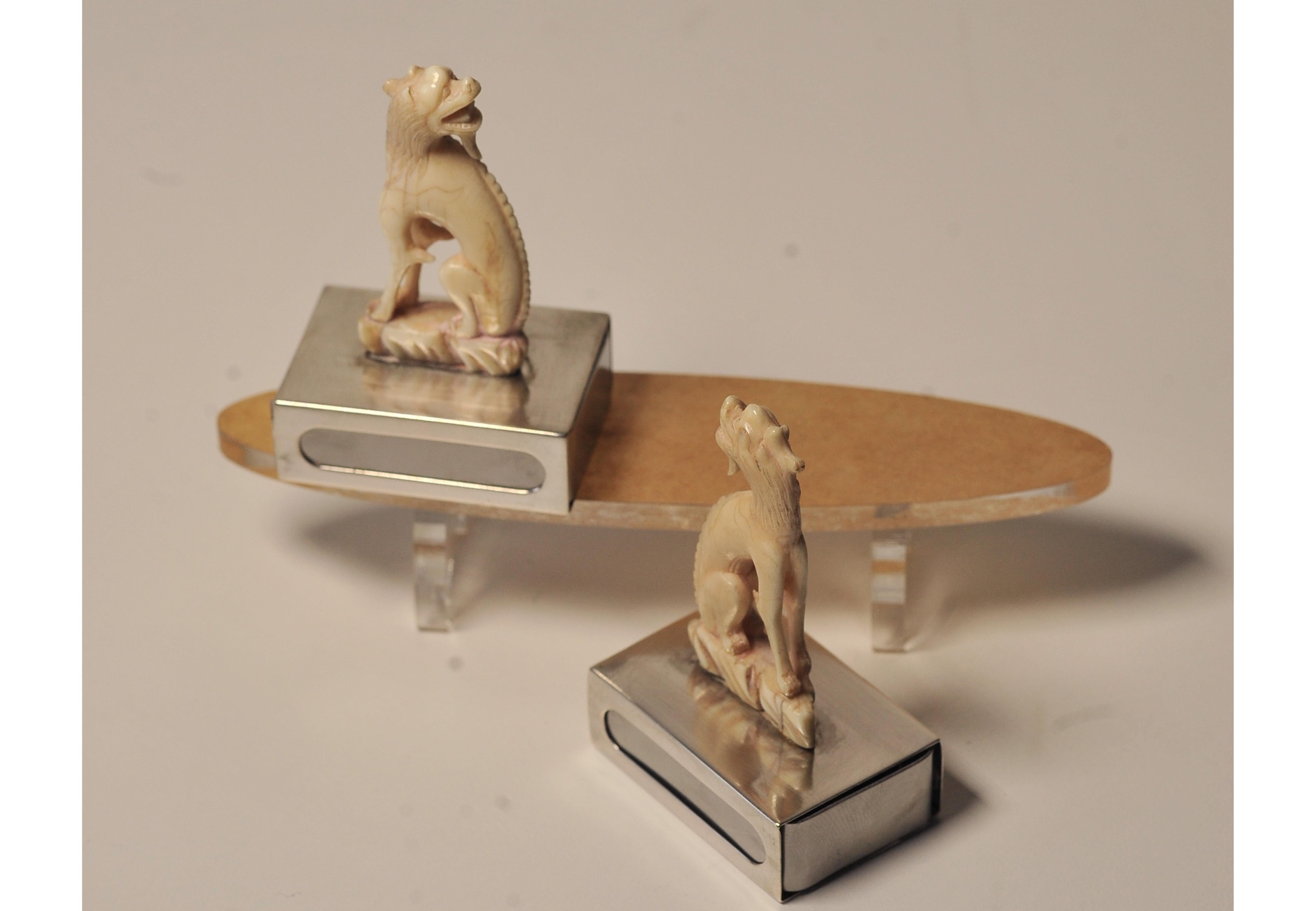 Pair Matching Ivory Chinese Dogs of Foo Matchstick Holders Silver Bases For Sale 11
