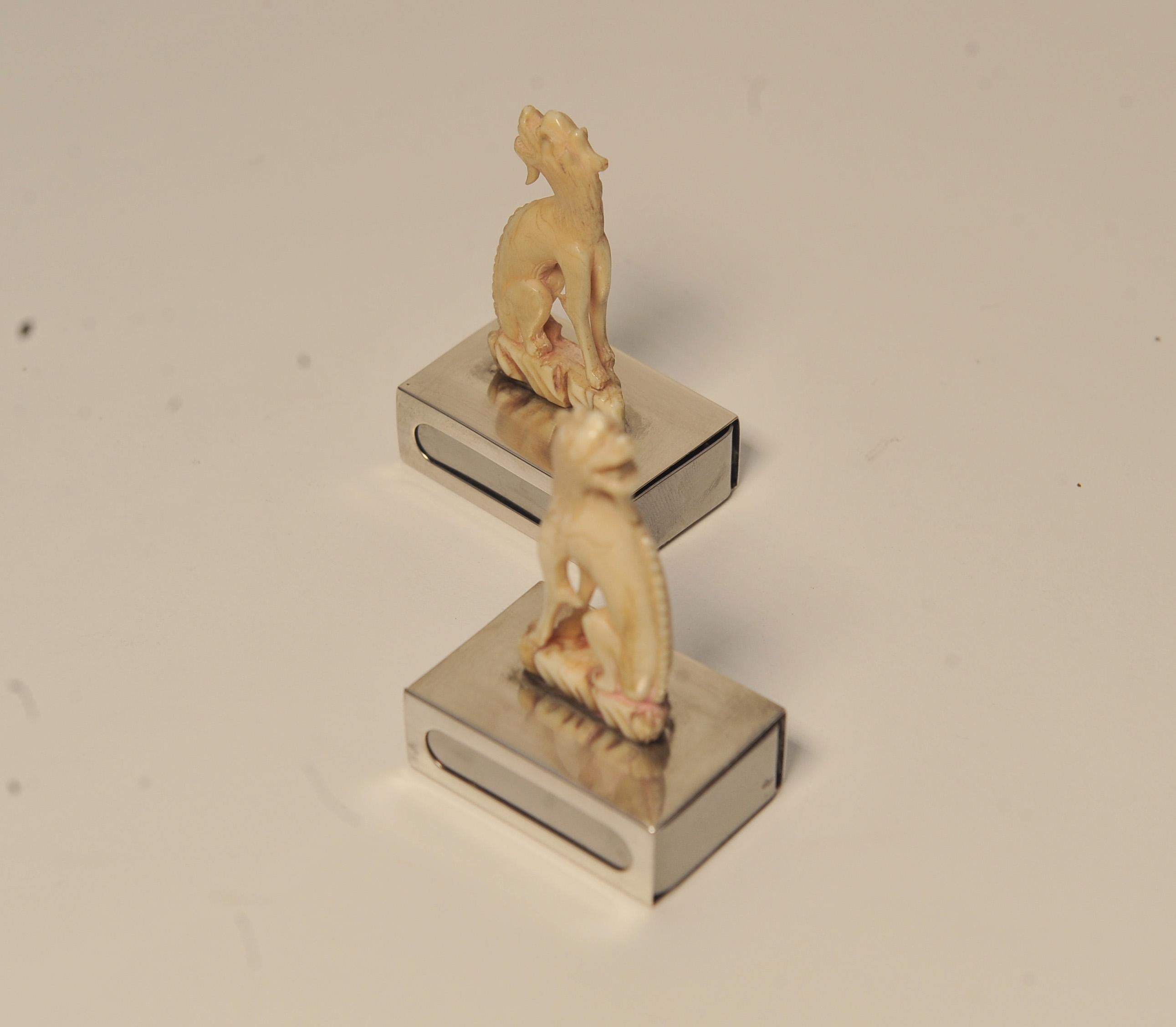 Pair Matching Ivory Chinese Dogs of Foo Matchstick Holders Silver Bases For Sale 2