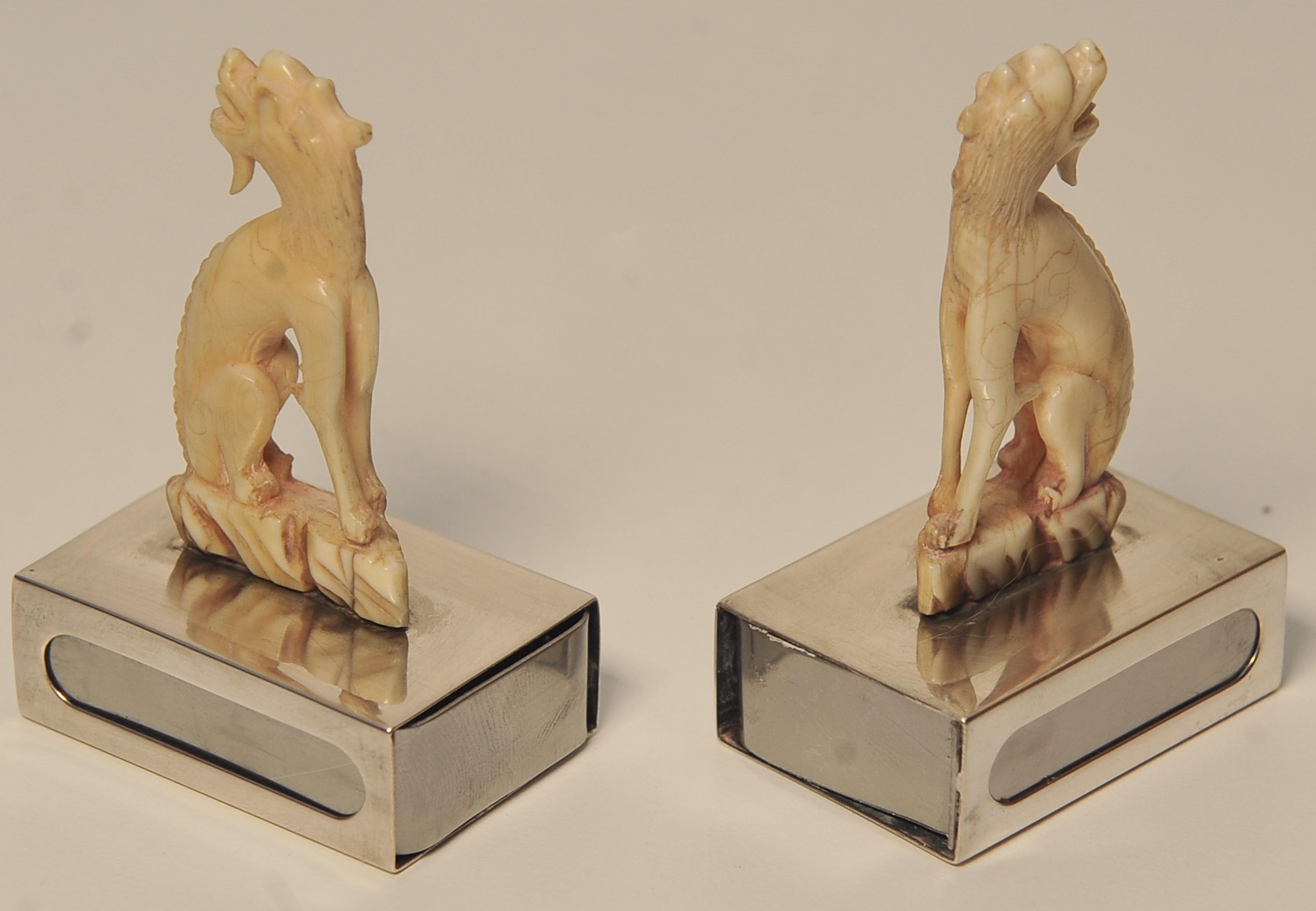 Pair Matching Ivory Chinese Dogs of Foo Matchstick Holders Silver Bases For Sale 3