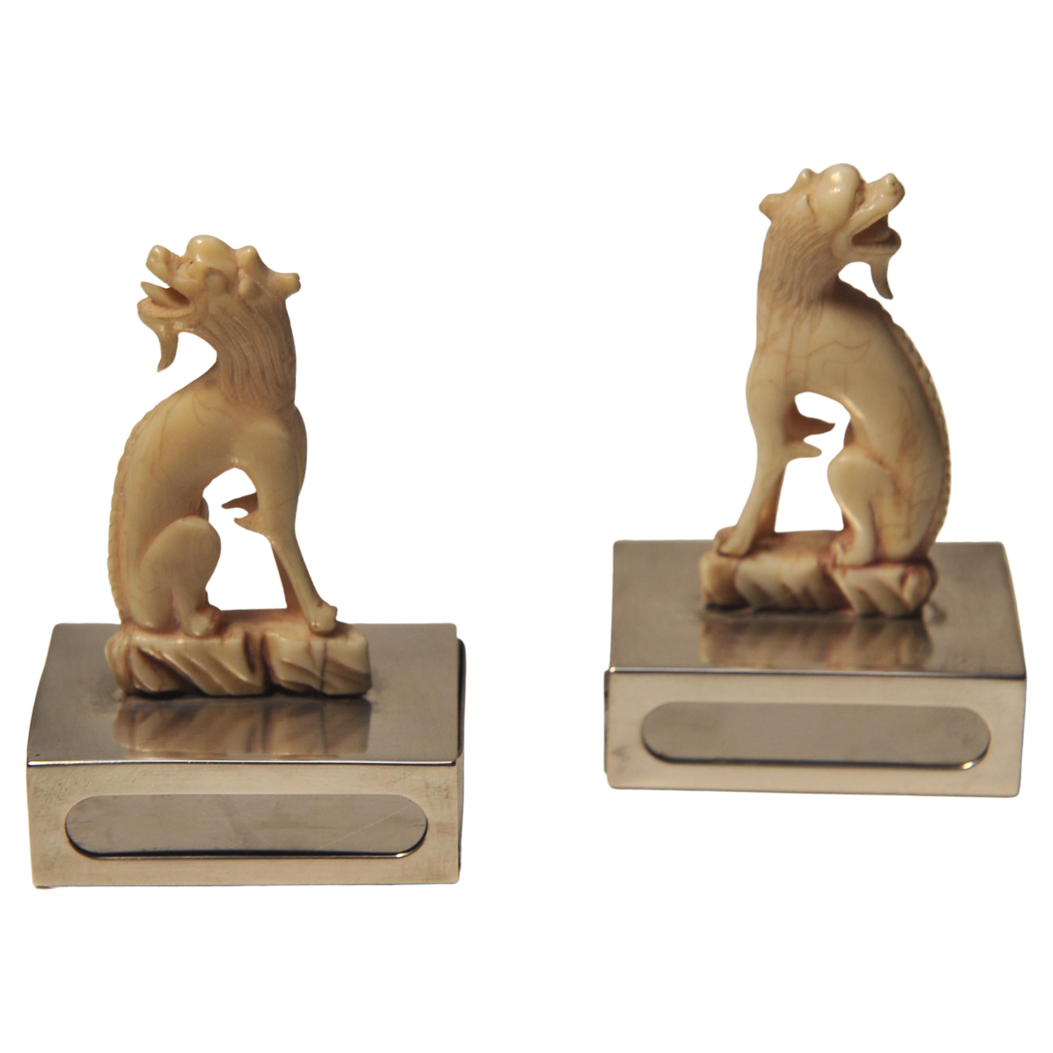 Pair Matching Ivory Chinese Dogs of Foo Matchstick Holders Silver Bases For Sale