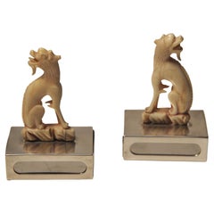 Retro Pair Matching Ivory Chinese Dogs of Foo Matchstick Holders Silver Bases