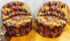 Pair Matching Mid Century Modern Barrel Back Swivel Chairs Lenor Larsen Fabric