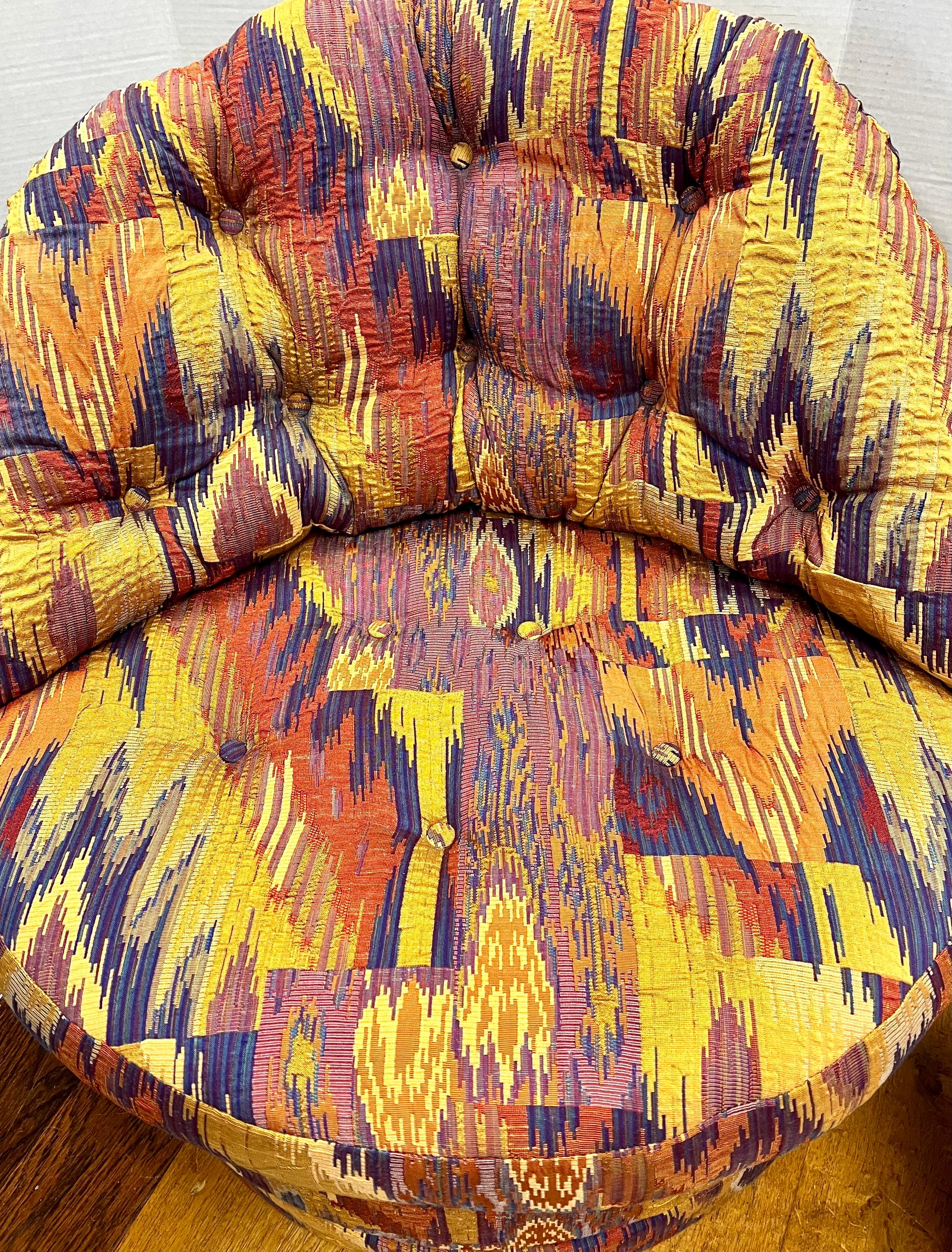 American Pair Matching Mid Century Modern Barrel Back Swivel Chairs Lenor Larsen Fabric For Sale