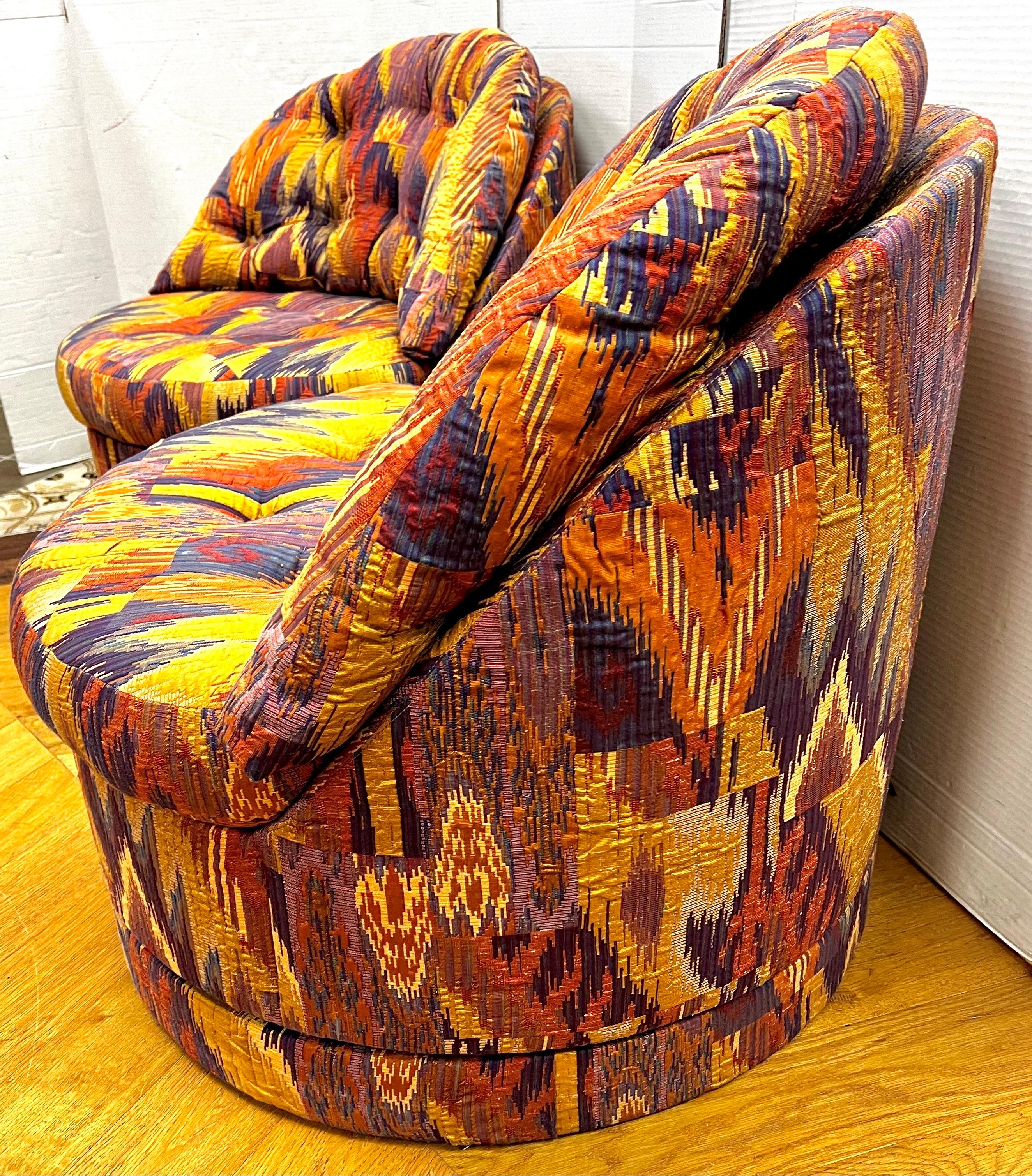 Pair Matching Mid Century Modern Barrel Back Swivel Chairs Lenor Larsen Fabric In Good Condition For Sale In West Hartford, CT