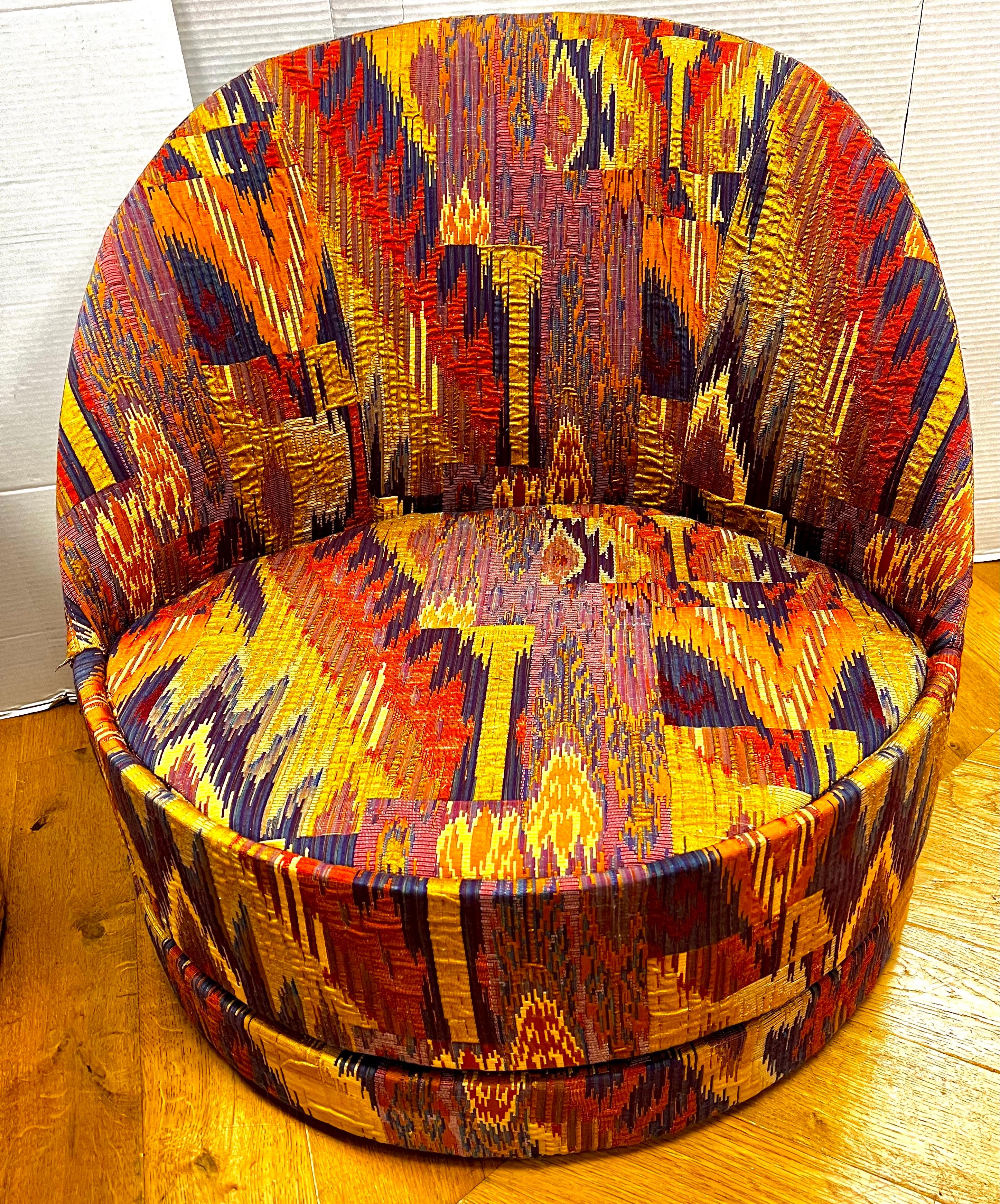 Late 20th Century Pair Matching Mid Century Modern Barrel Back Swivel Chairs Lenor Larsen Fabric For Sale