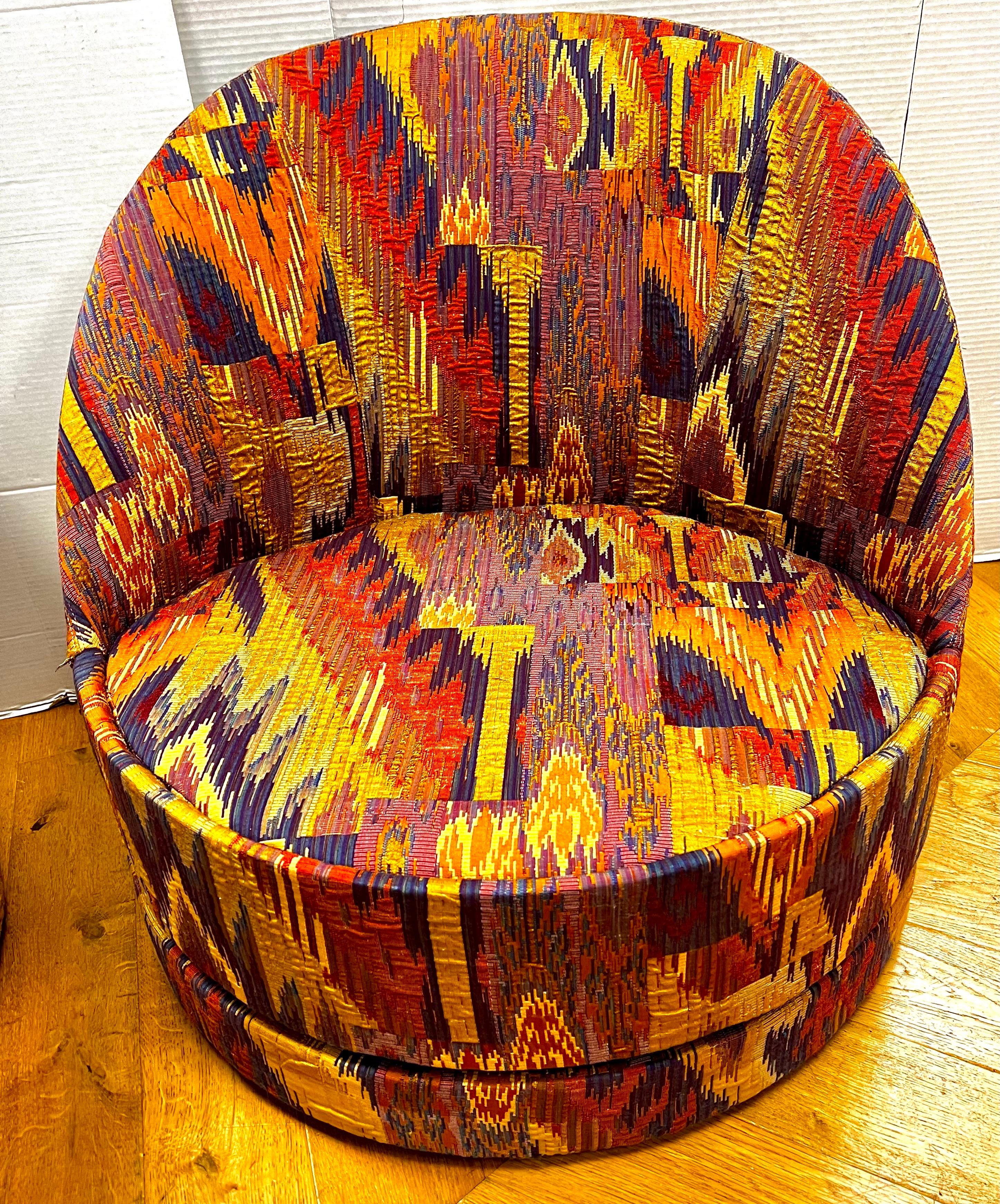 Late 20th Century Pair Matching Mid Century Modern Barrel Back Swivel Chairs Lenor Larsen Fabric