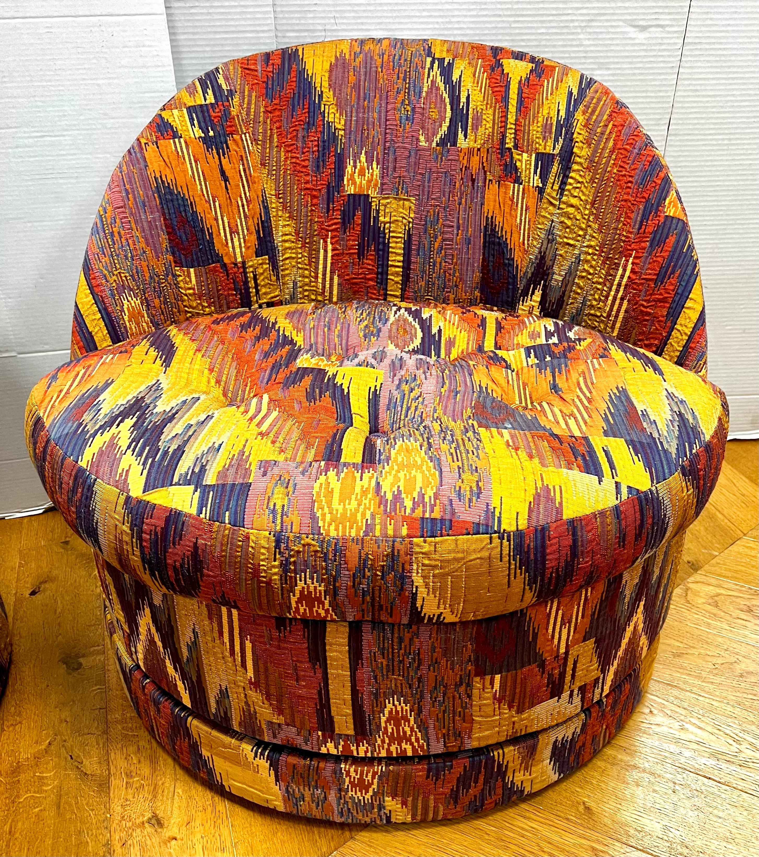 Pair Matching Mid Century Modern Barrel Back Swivel Chairs Lenor Larsen Fabric For Sale 2