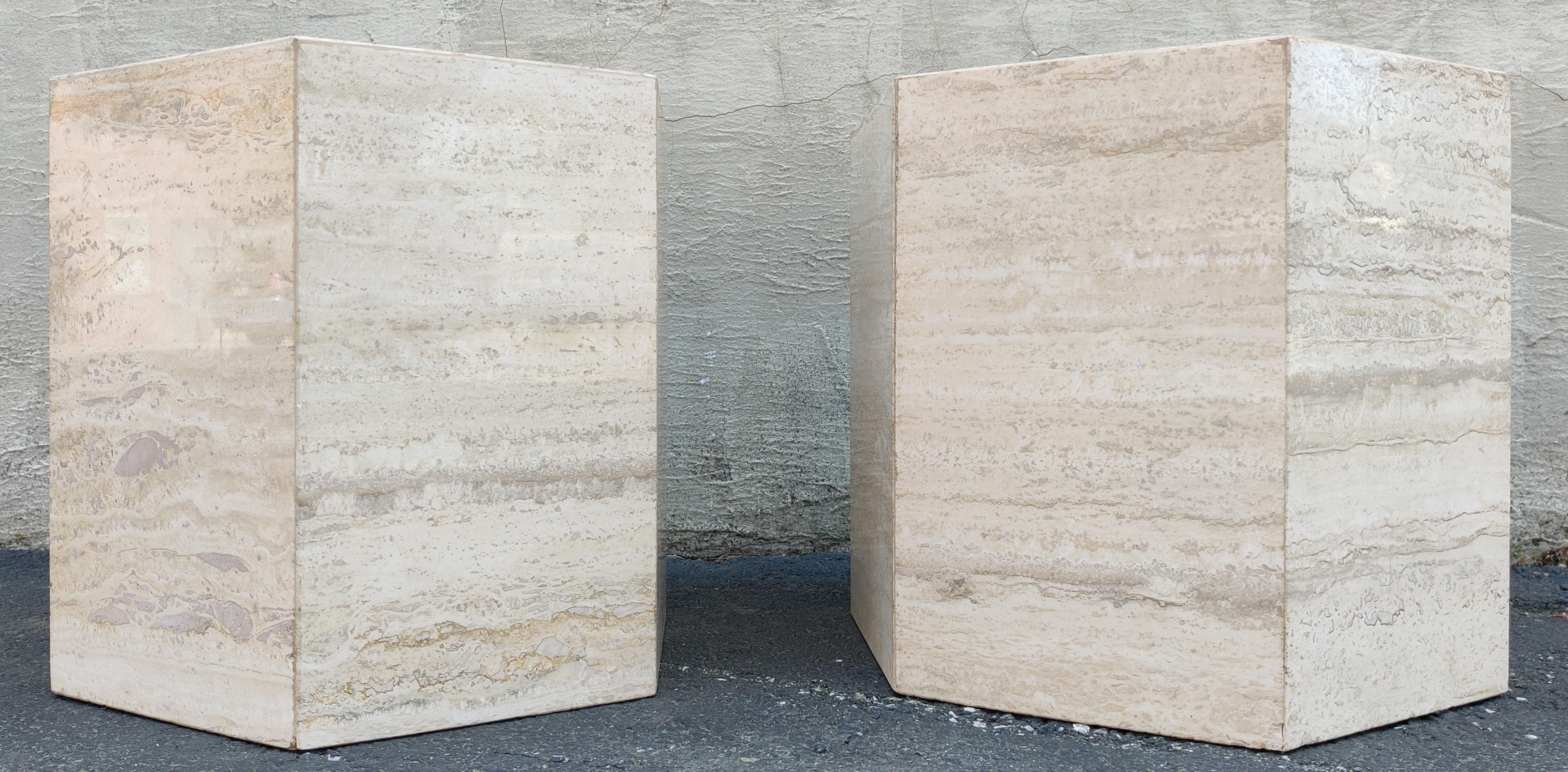 Late 20th Century Pair Matching Post-Modern Italian Travertine Marble Hexagonal Side Tables, 1970s For Sale