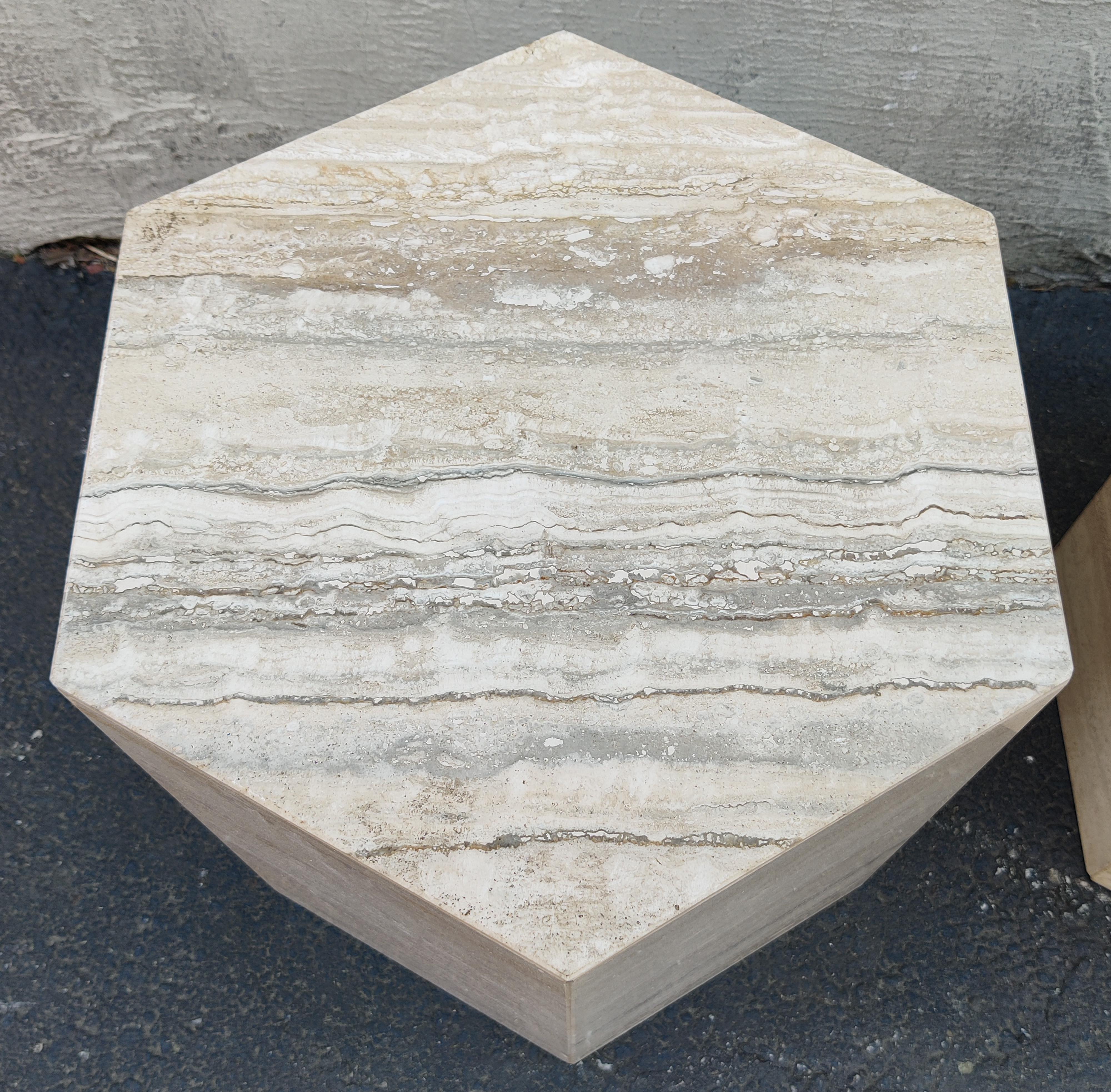 Pair Matching Post-Modern Italian Travertine Marble Hexagonal Side Tables, 1970s For Sale 2