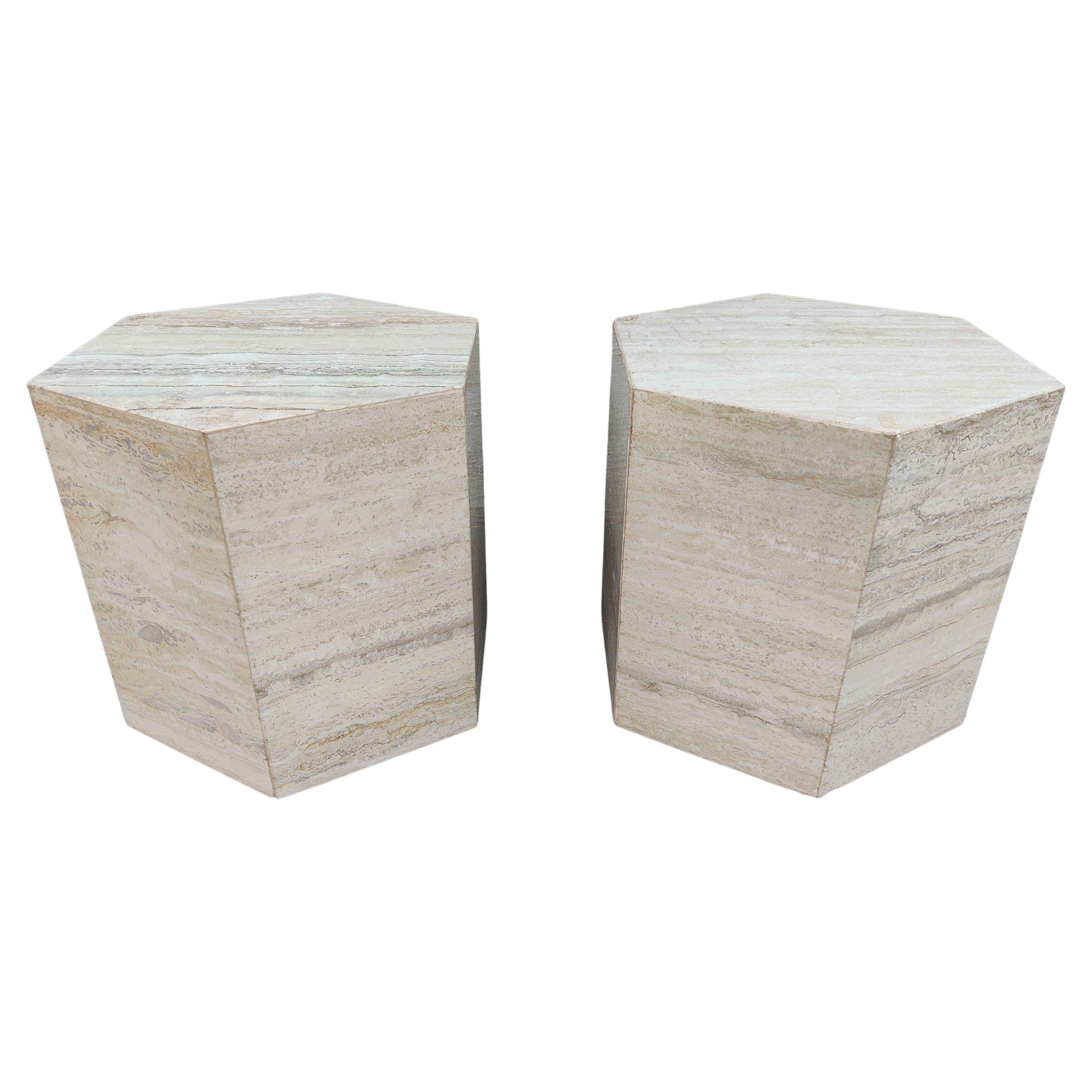 Pair Matching Post-Modern Italian Travertine Marble Hexagonal Side Tables, 1970s