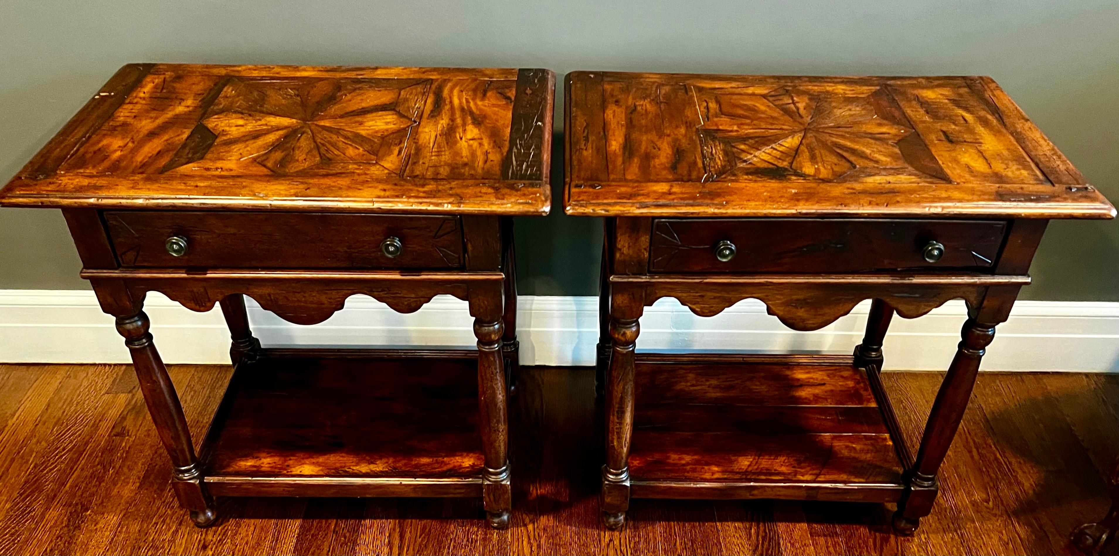 Handsome par of matching Theodore Alexander mahogany one drawer end tables/nightstands from their Castle Bromwich line - rare indeed!  Features marquetry detail at top.