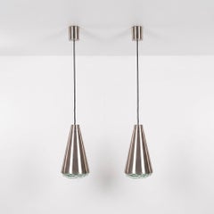 Pair Max Ingrand Fontana Arte Pendant Lamps Glass Stainless Steel Model 1995