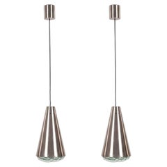 Pair Max Ingrand Fontana Arte Pendant Lamps Glass Stainless Steel Model 1995