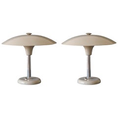 Vintage Max Schumacher Art Deco Ivory Painted Metal Dome Table Lamps Germany 1930s, Pair