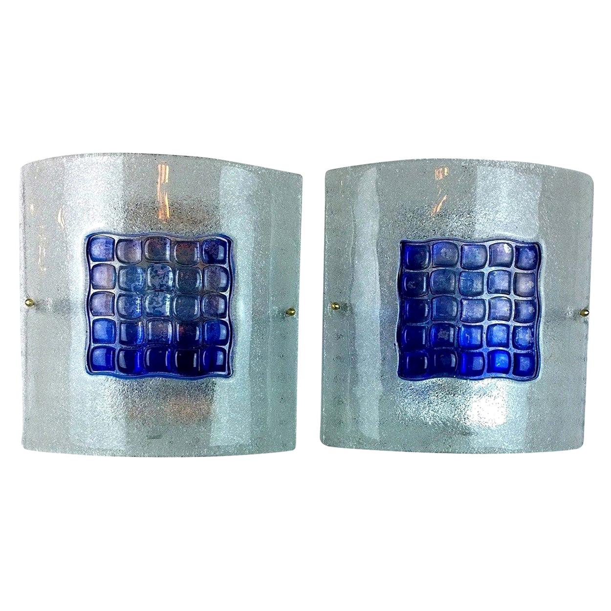 Pair Mazzega Murano Blue Mosaic Tile White Speckled Frosted Glass Square Sconces For Sale