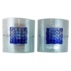 Used Pair Mazzega Murano Blue Mosaic Tile White Speckled Frosted Glass Square Sconces