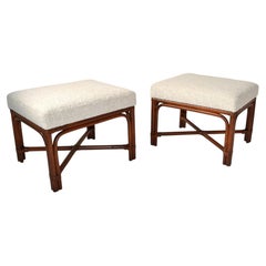 Pair, McGuire Bamboo Wood Bouclé Fabric Upholstery Ottomans Mid-Century Modern
